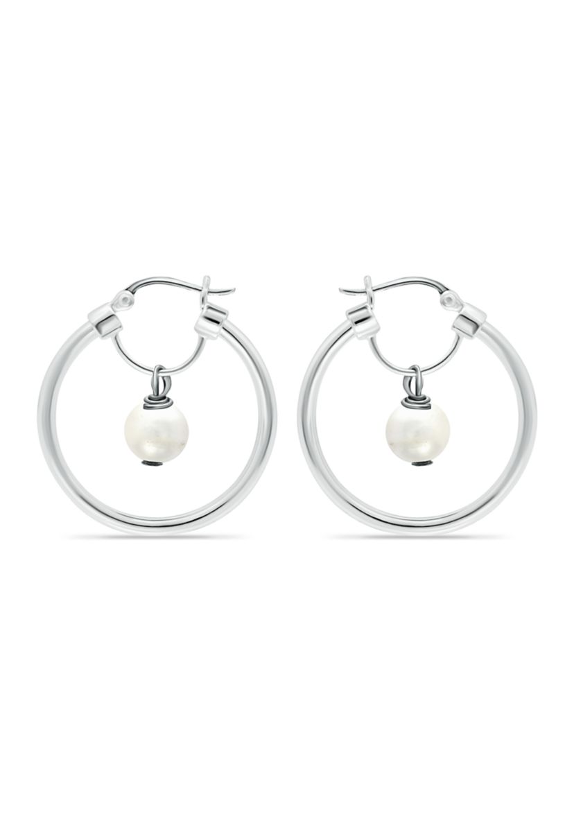 Fresh Water Pearl Drop Hoop Earrings in Sterling Silver