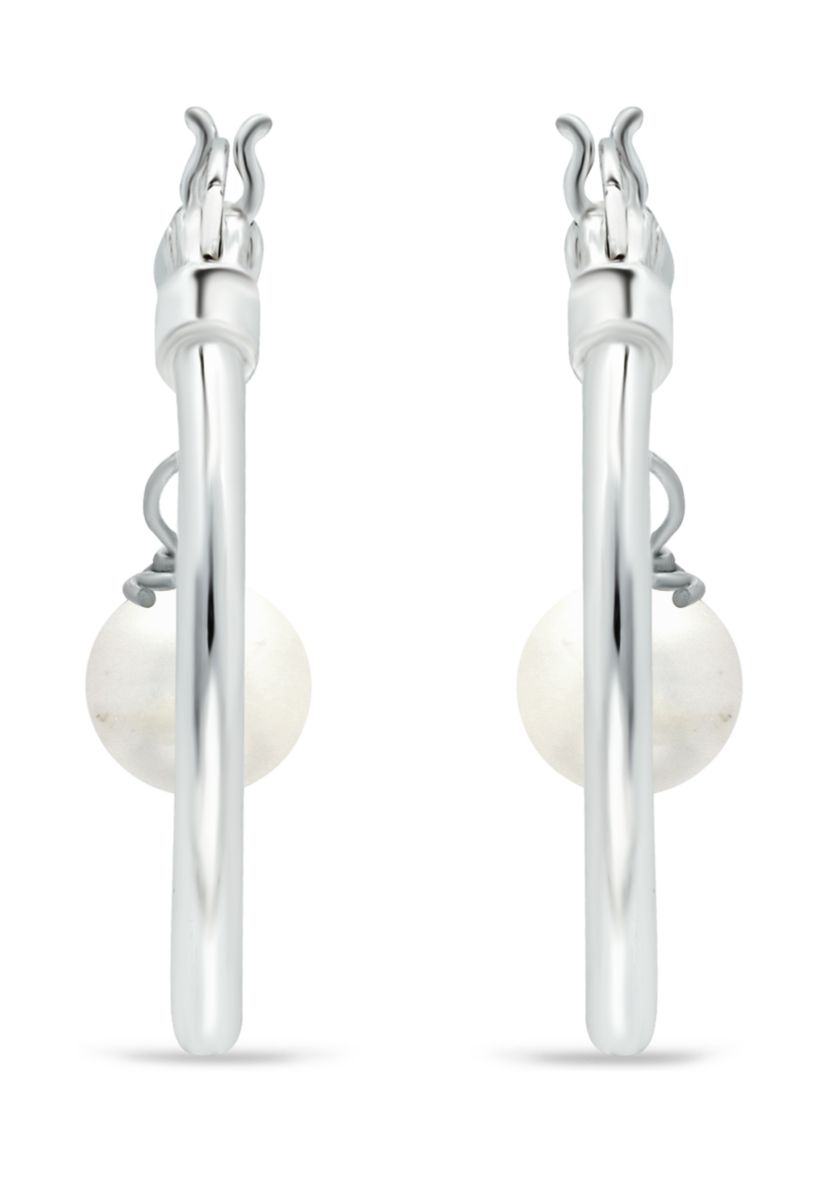 Fresh Water Pearl Drop Hoop Earrings in Sterling Silver