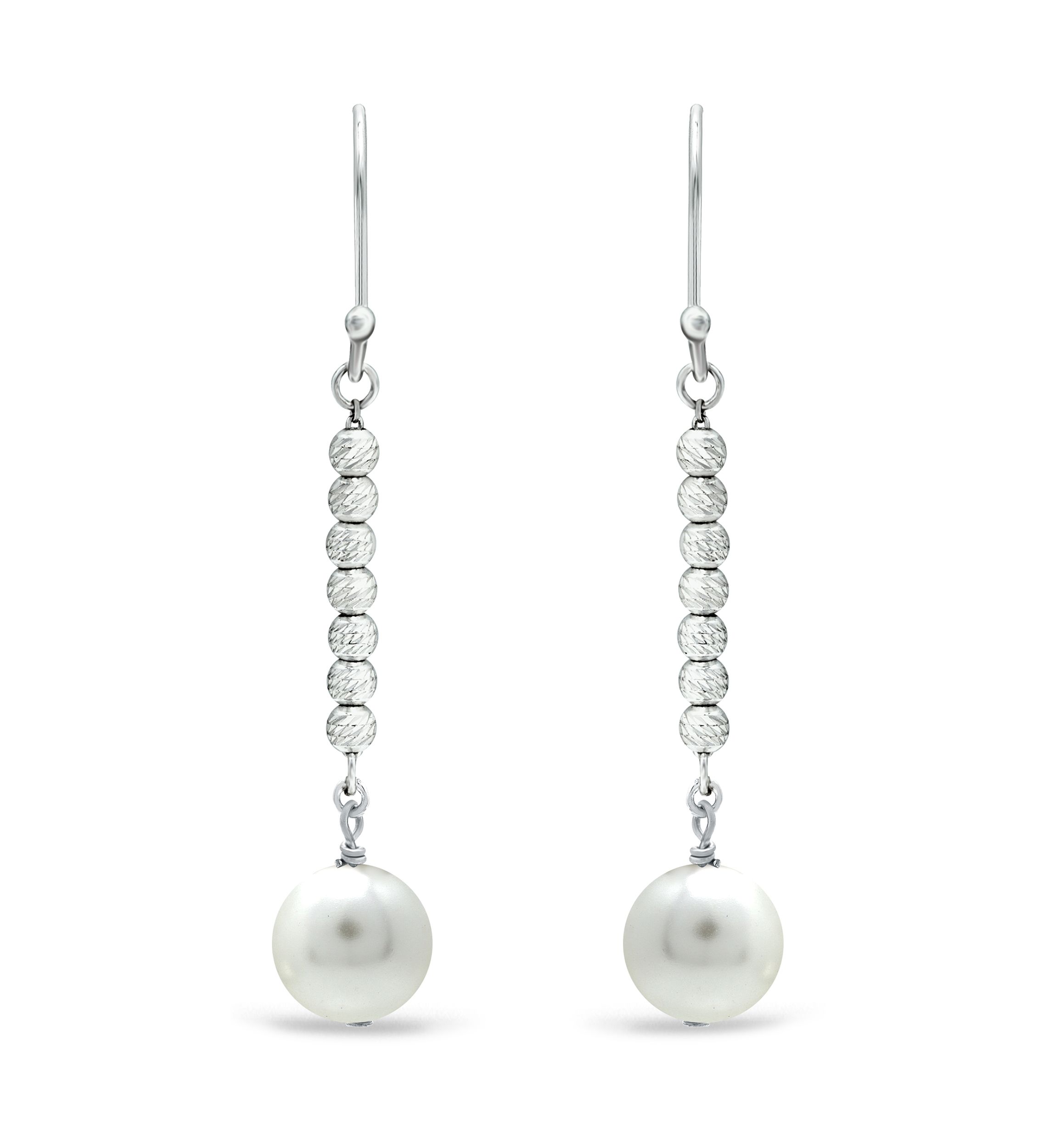 8 Millimeter Freshwater Pearl with Diamond Cut Bead Drop Earrings in Sterling Silver
