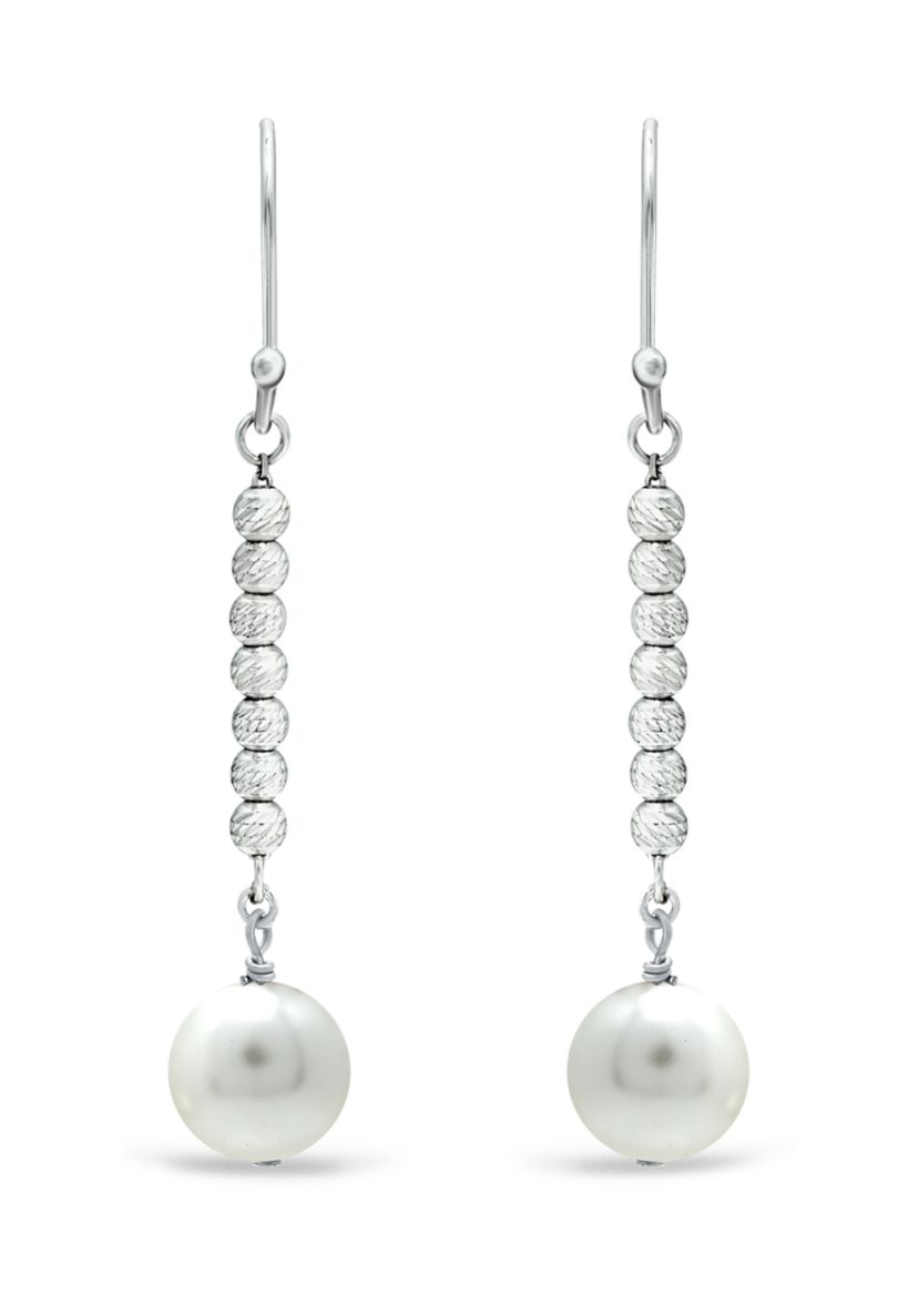 8 Millimeter Freshwater Pearl with Diamond Cut Bead Drop Earrings in Sterling Silver