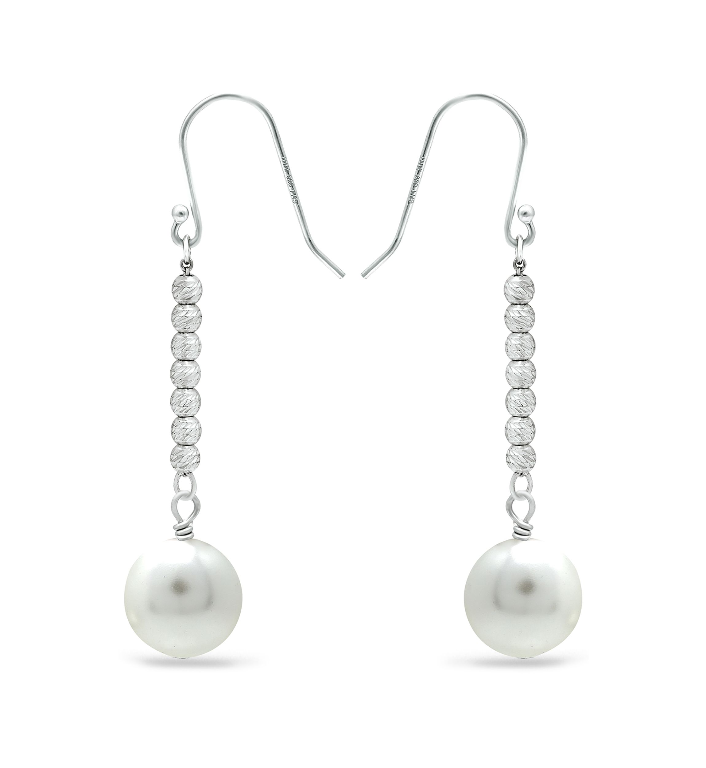 8 Millimeter Freshwater Pearl with Diamond Cut Bead Drop Earrings in Sterling Silver