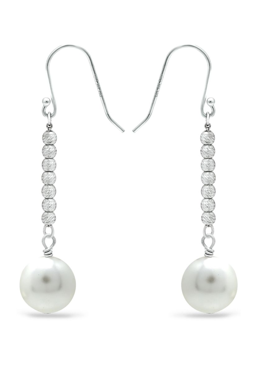 8 Millimeter Freshwater Pearl with Diamond Cut Bead Drop Earrings in Sterling Silver