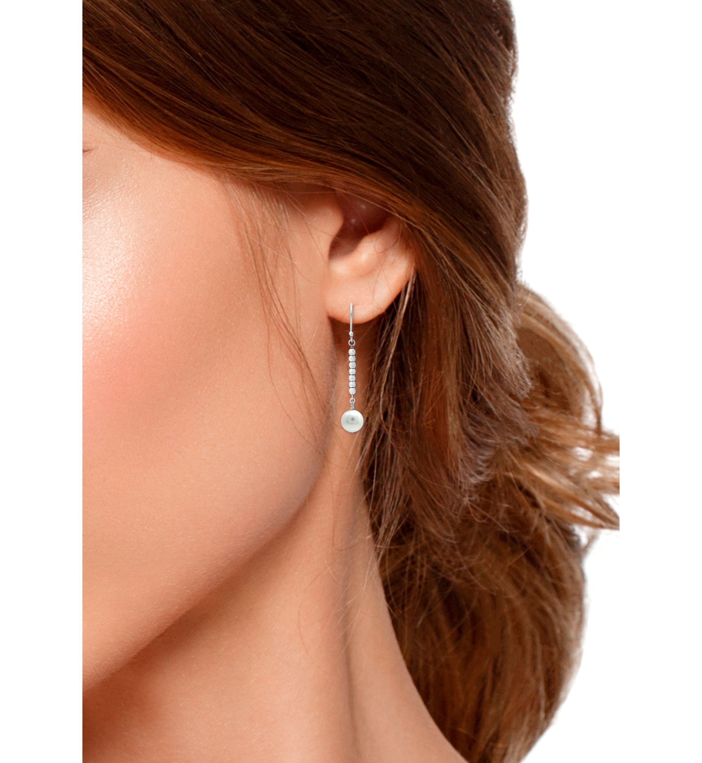 8 Millimeter Freshwater Pearl with Diamond Cut Bead Drop Earrings in Sterling Silver