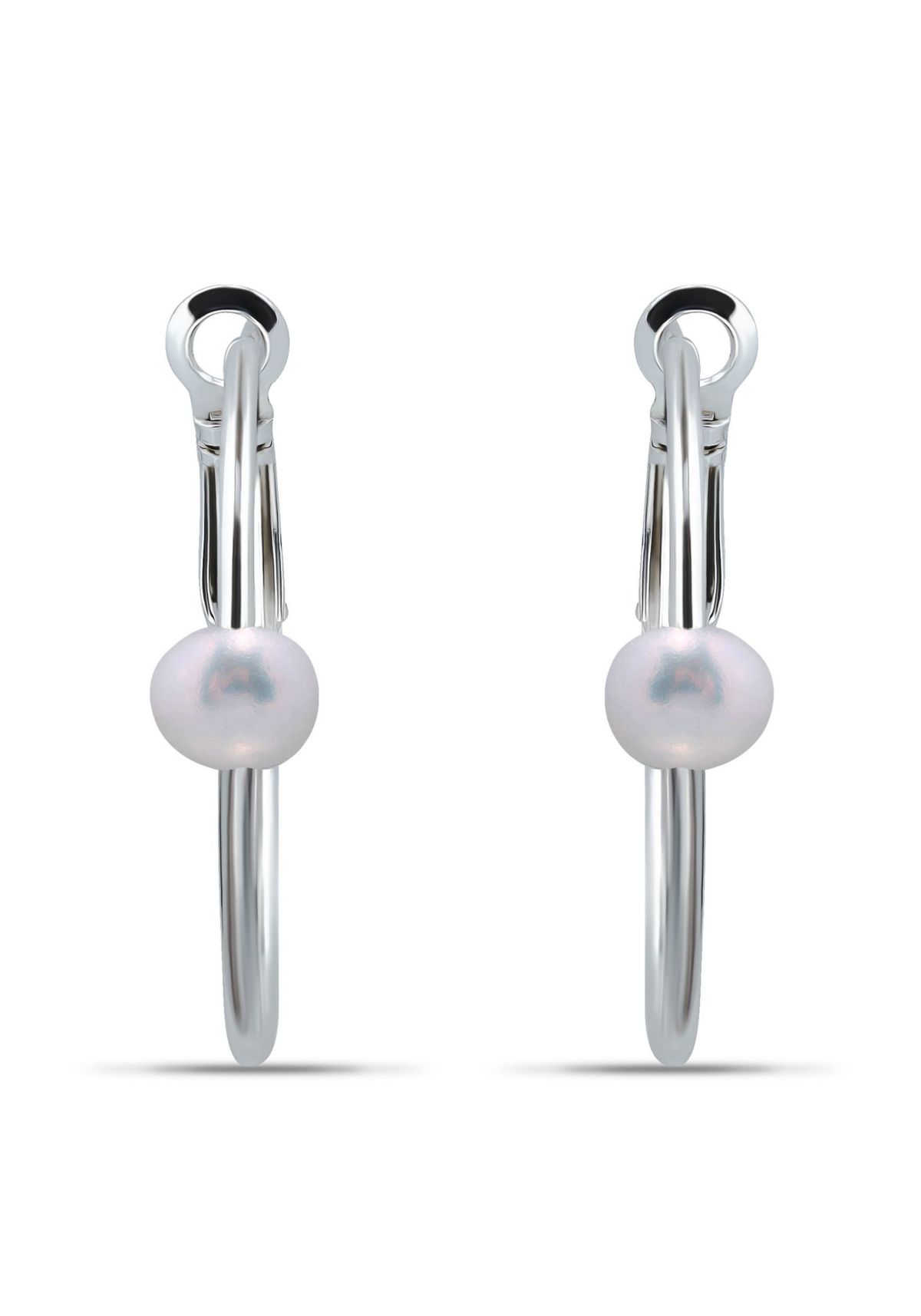 7mm Freshwater Pearl Station 2.5mmX30mm Oval Hoop Earrings. Sterling Silver