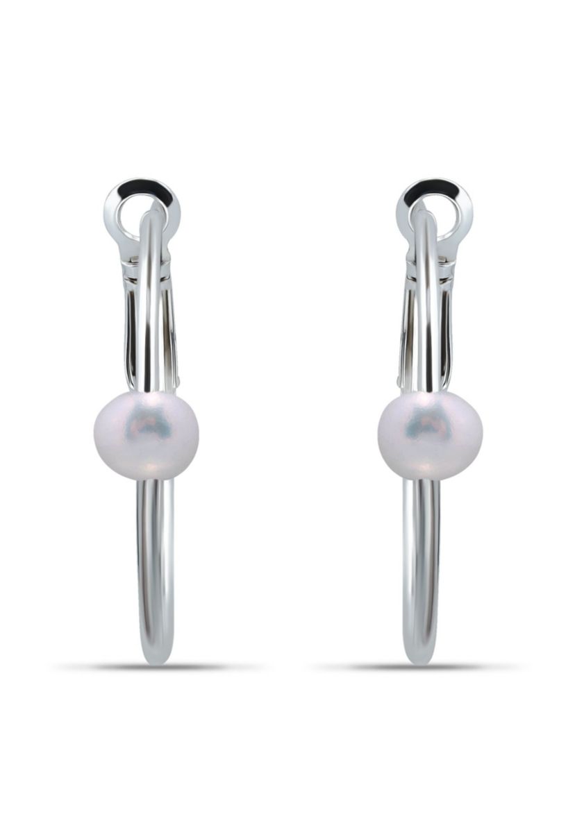 7mm Freshwater Pearl Station 2.5mmX30mm Oval Hoop Earrings. Sterling Silver