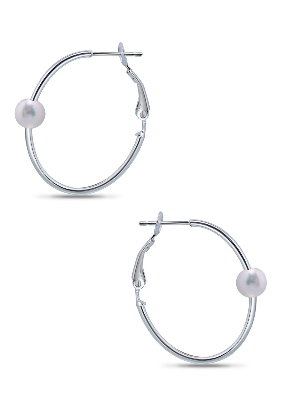 7mm Freshwater Pearl Station 2.5mmX30mm Oval Hoop Earrings. Sterling Silver