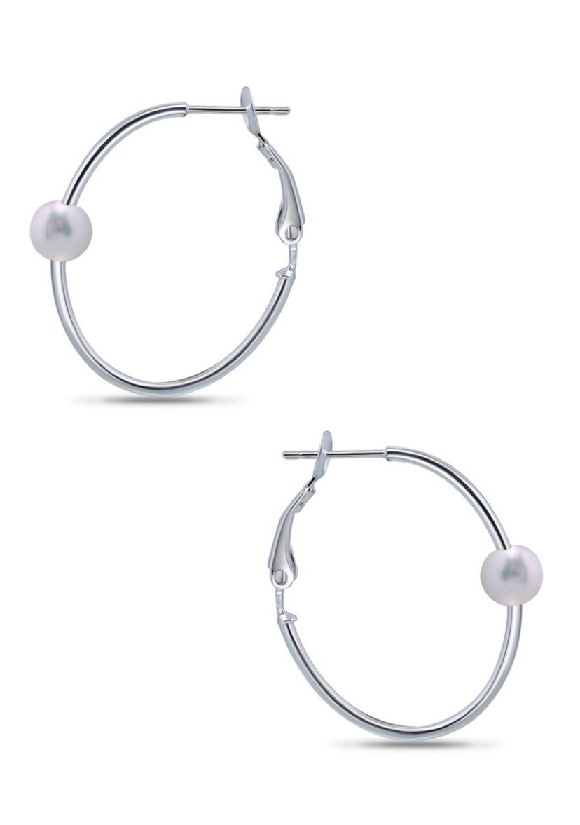 7mm Freshwater Pearl Station 2.5mmX30mm Oval Hoop Earrings. Sterling Silver