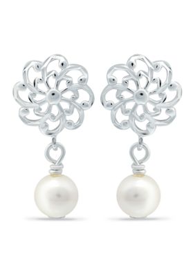 Belk & Co Freshwater Pearl and Diamond Cut Flower Drop Earrings in Sterling Silver