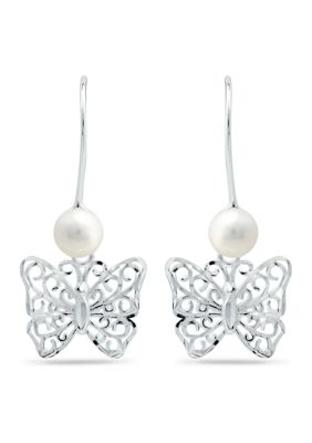 Belk & Co 5 Millimeter Freshwater Pearl Butterfly Drop Earrings in Sterling Silver