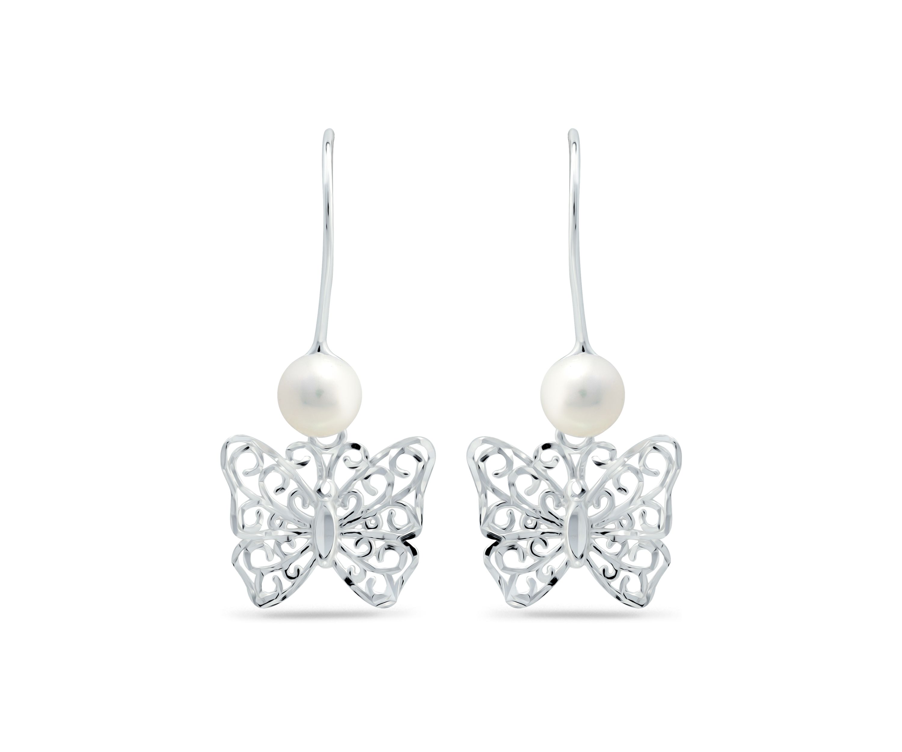 5 Millimeter Freshwater Pearl Butterfly Drop Earrings in Sterling Silver