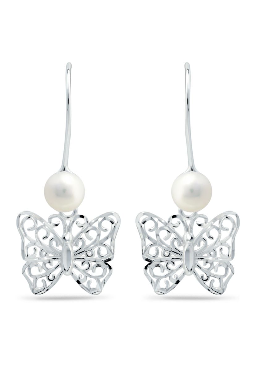5 Millimeter Freshwater Pearl Butterfly Drop Earrings in Sterling Silver