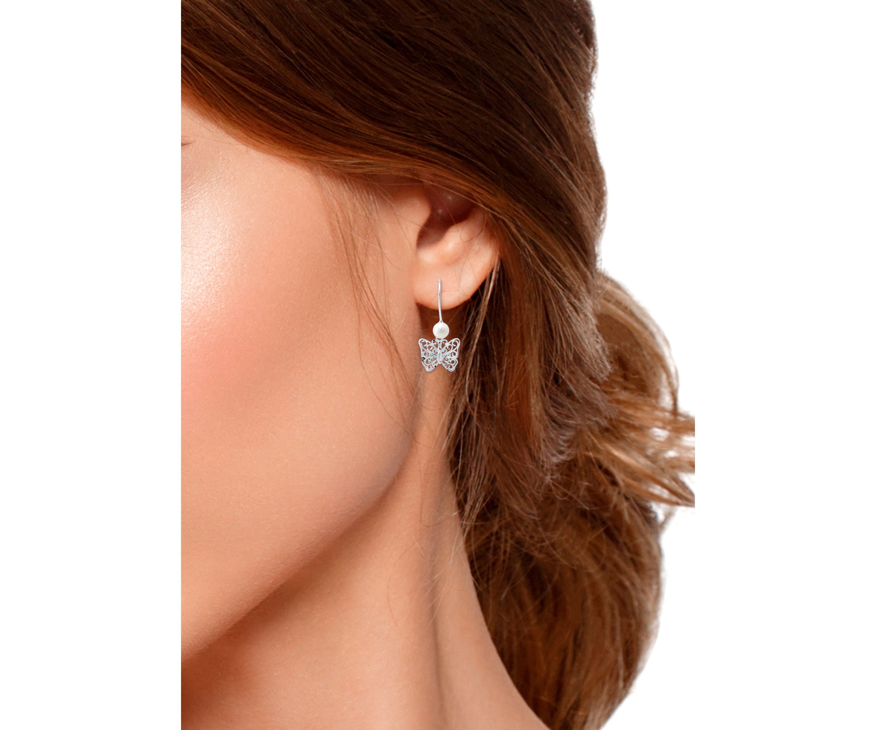 5 Millimeter Freshwater Pearl Butterfly Drop Earrings in Sterling Silver