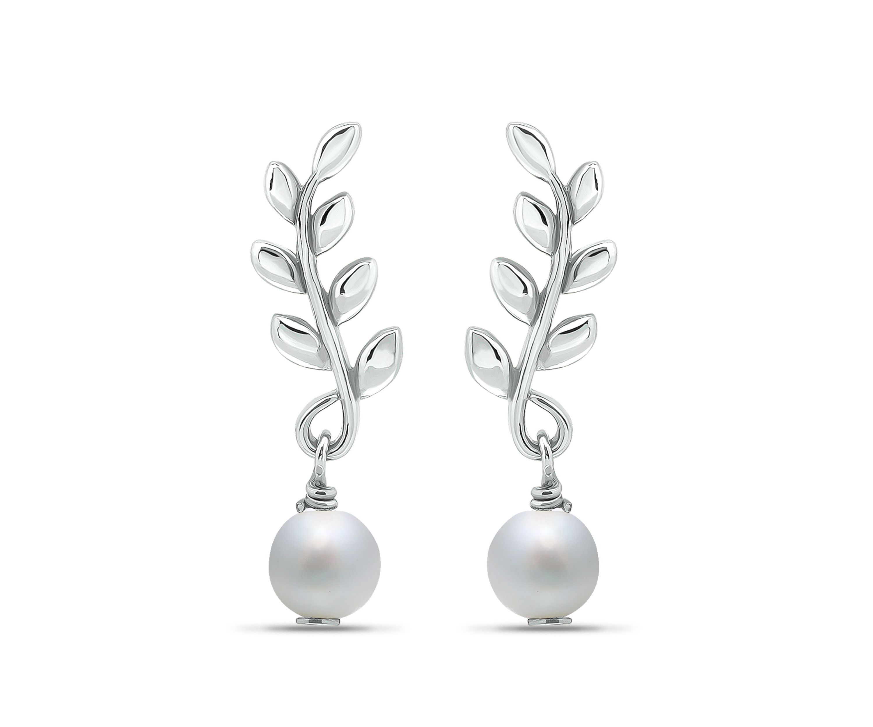 7mm Freshwater Pearl Leaf Drop Earrings, Sterling Silver