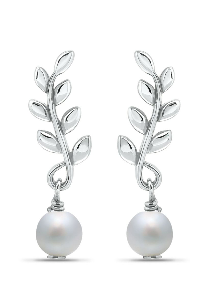 7mm Freshwater Pearl Leaf Drop Earrings, Sterling Silver