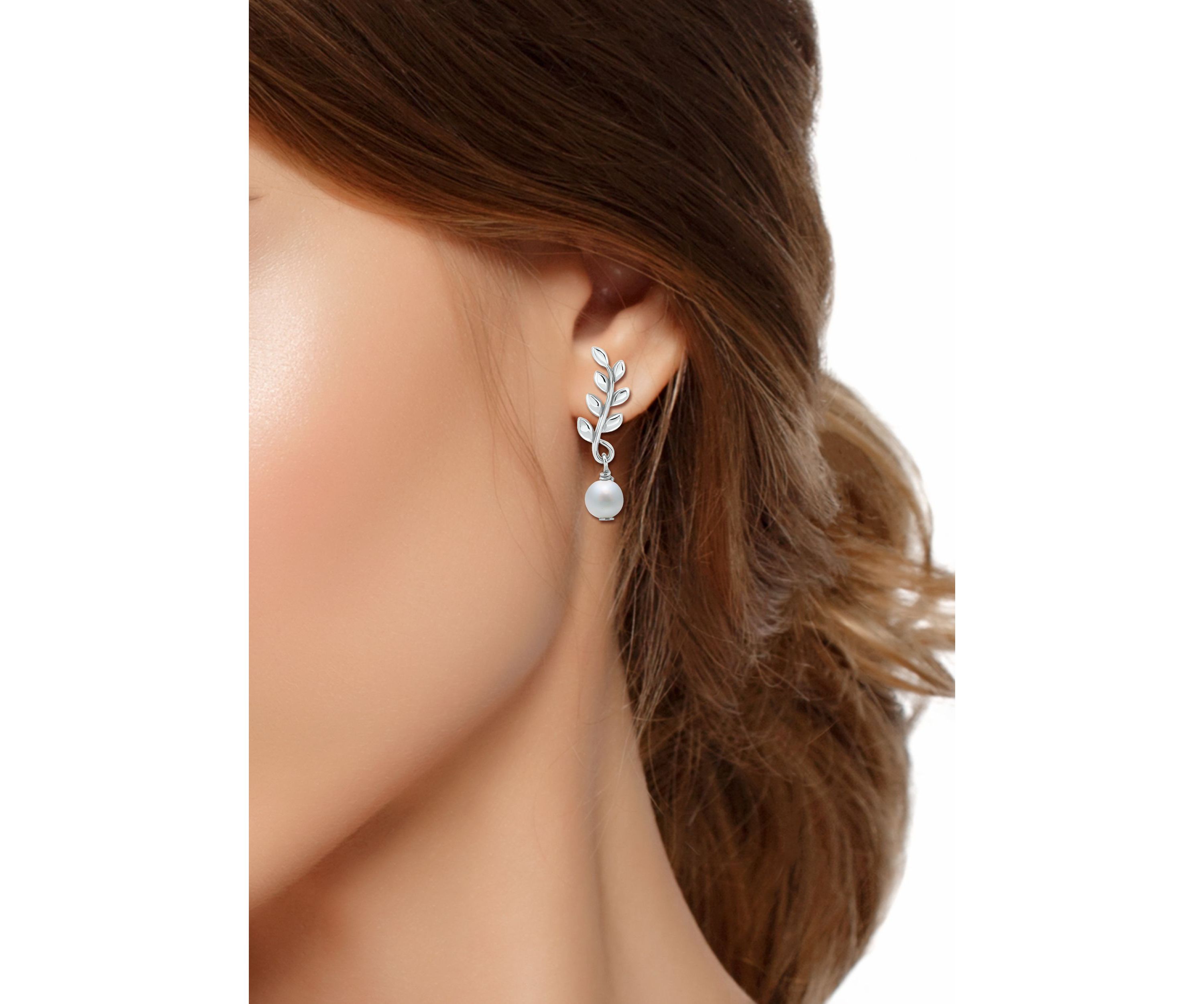 7mm Freshwater Pearl Leaf Drop Earrings, Sterling Silver