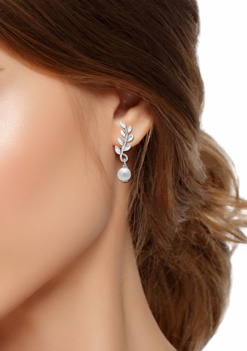 7mm Freshwater Pearl Leaf Drop Earrings, Sterling Silver