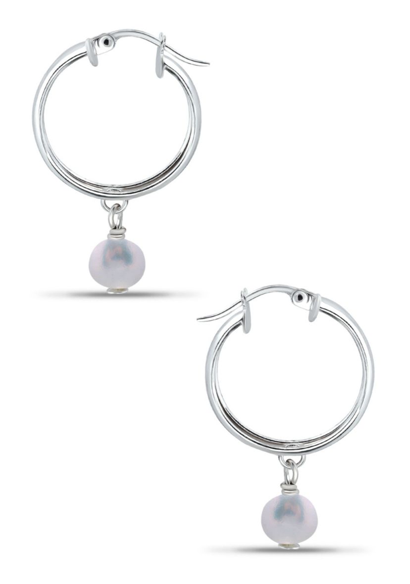 6mm Freshwater Pearl Drop 20mm Hoop Earrings, Sterling Silver