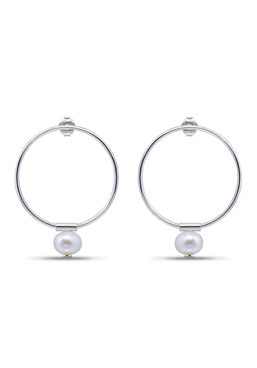 6mm Freshwater Pearl Drop on 25mm Open Circle Post Earrings, Sterling Silver