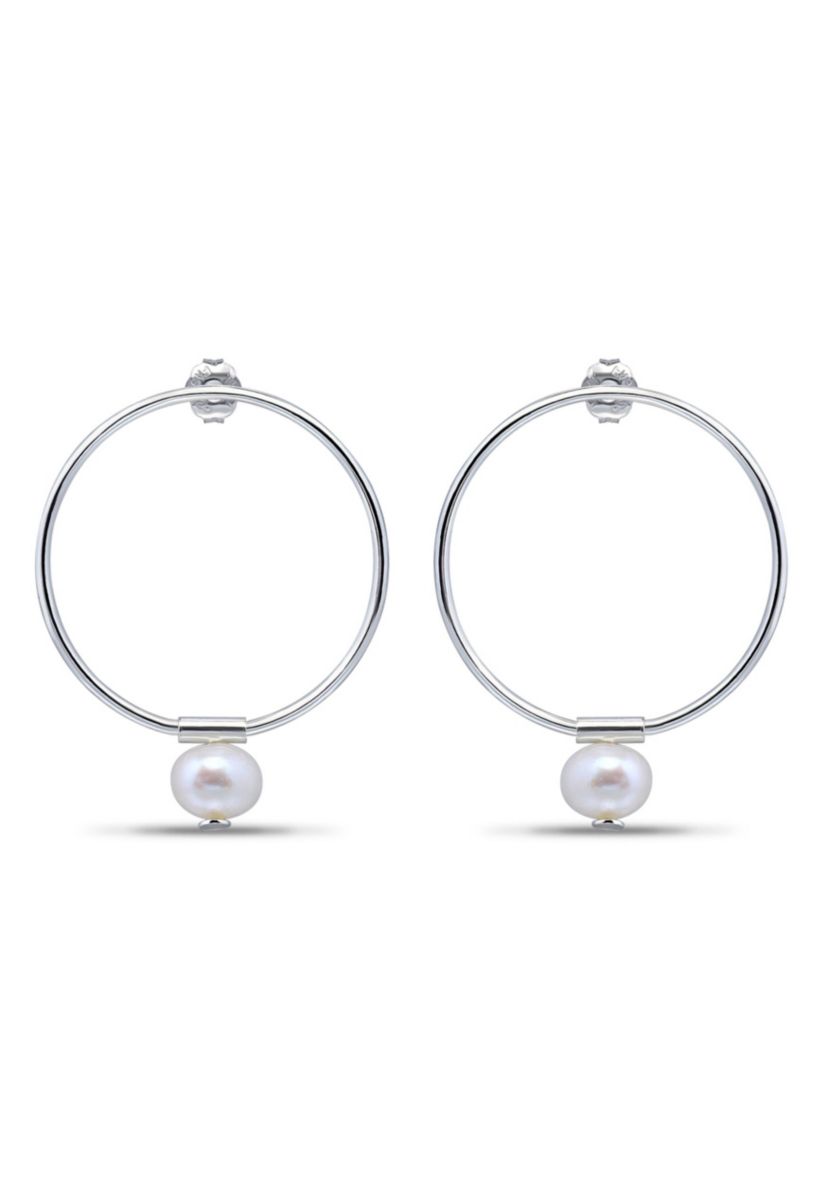6mm Freshwater Pearl Drop on 30mm Open Circle Post Earrings, Sterling Silver