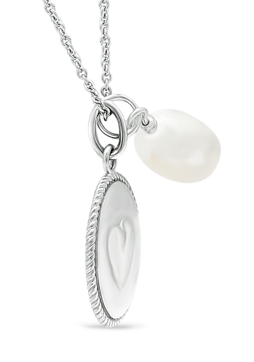 Fresh Water Pearl and Heart Charm Necklace in Sterling Silver
