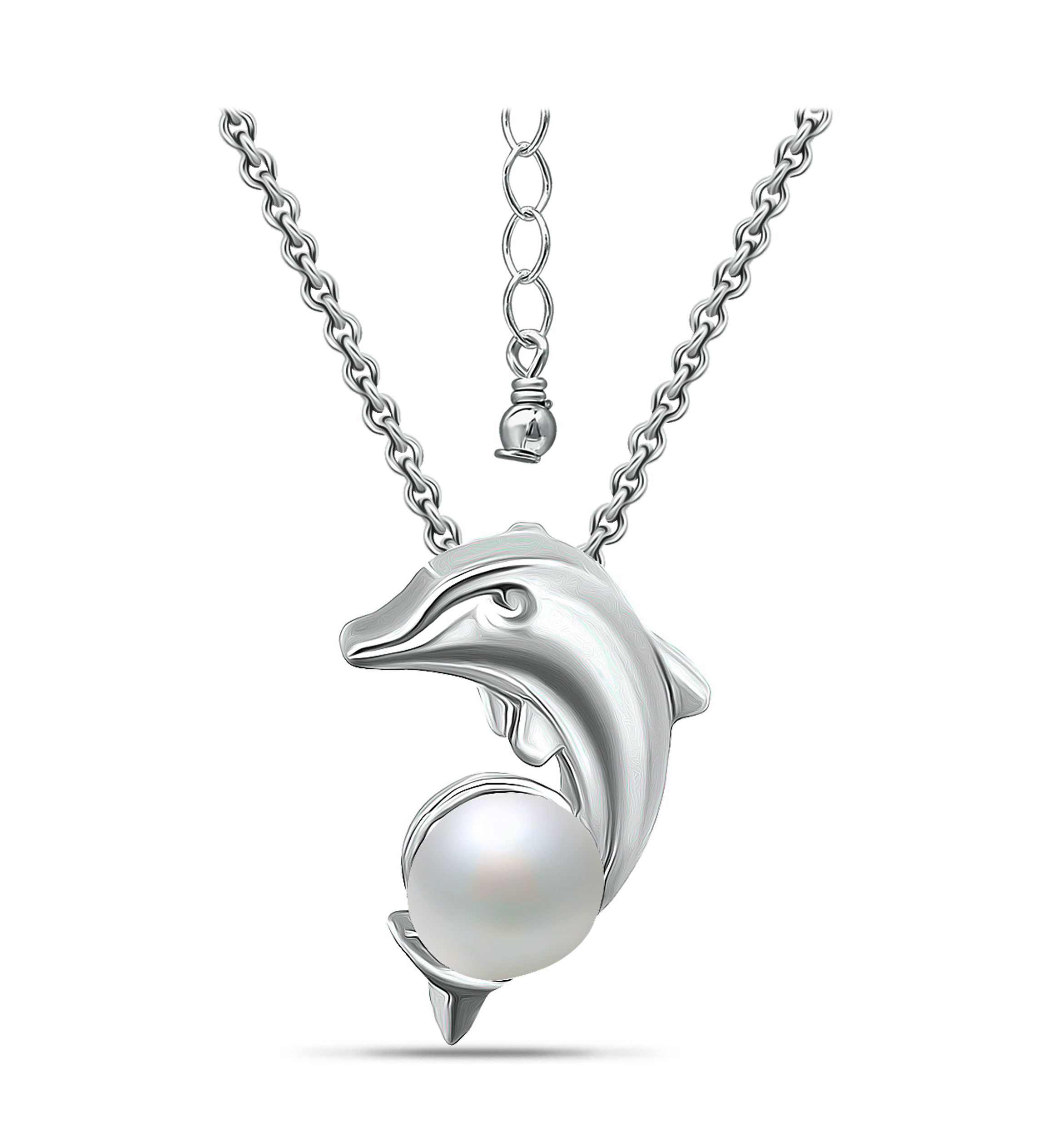 6mm Freshwater Pearl Dolphin Necklace, 16" with 2" Extender, Sterling Silver