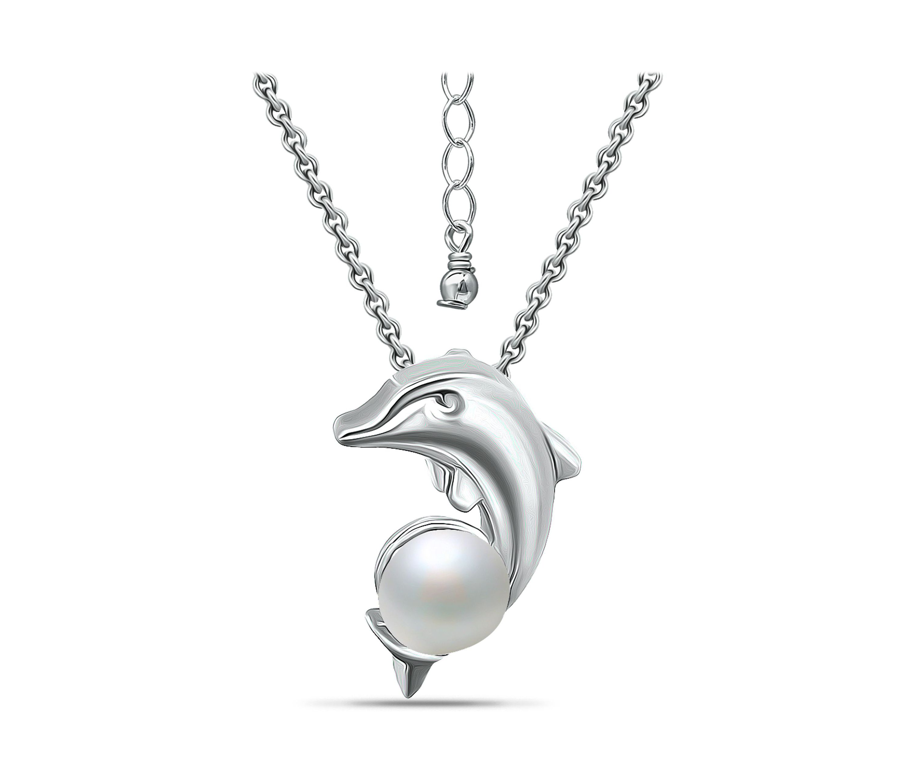 6mm Freshwater Pearl Dolphin Necklace, 16" with 2" Extender, Sterling Silver