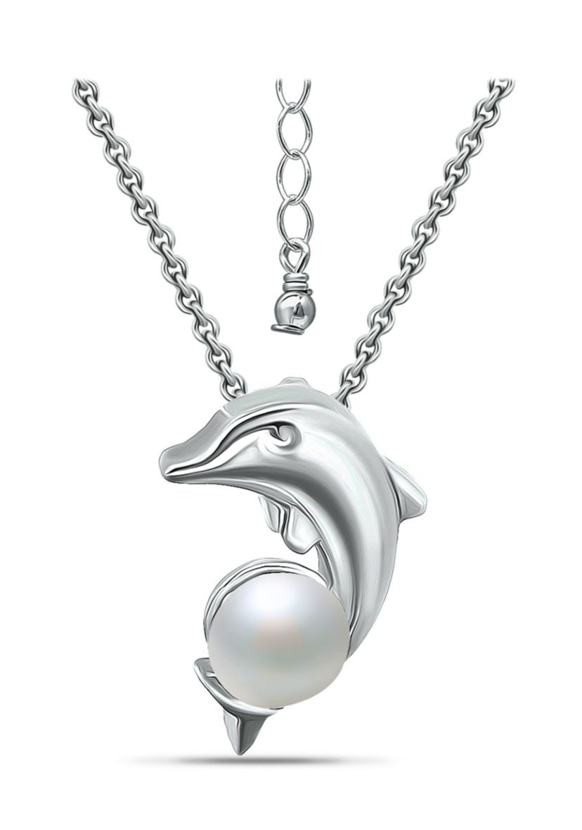 6mm Freshwater Pearl Dolphin Necklace, 16" with 2" Extender, Sterling Silver
