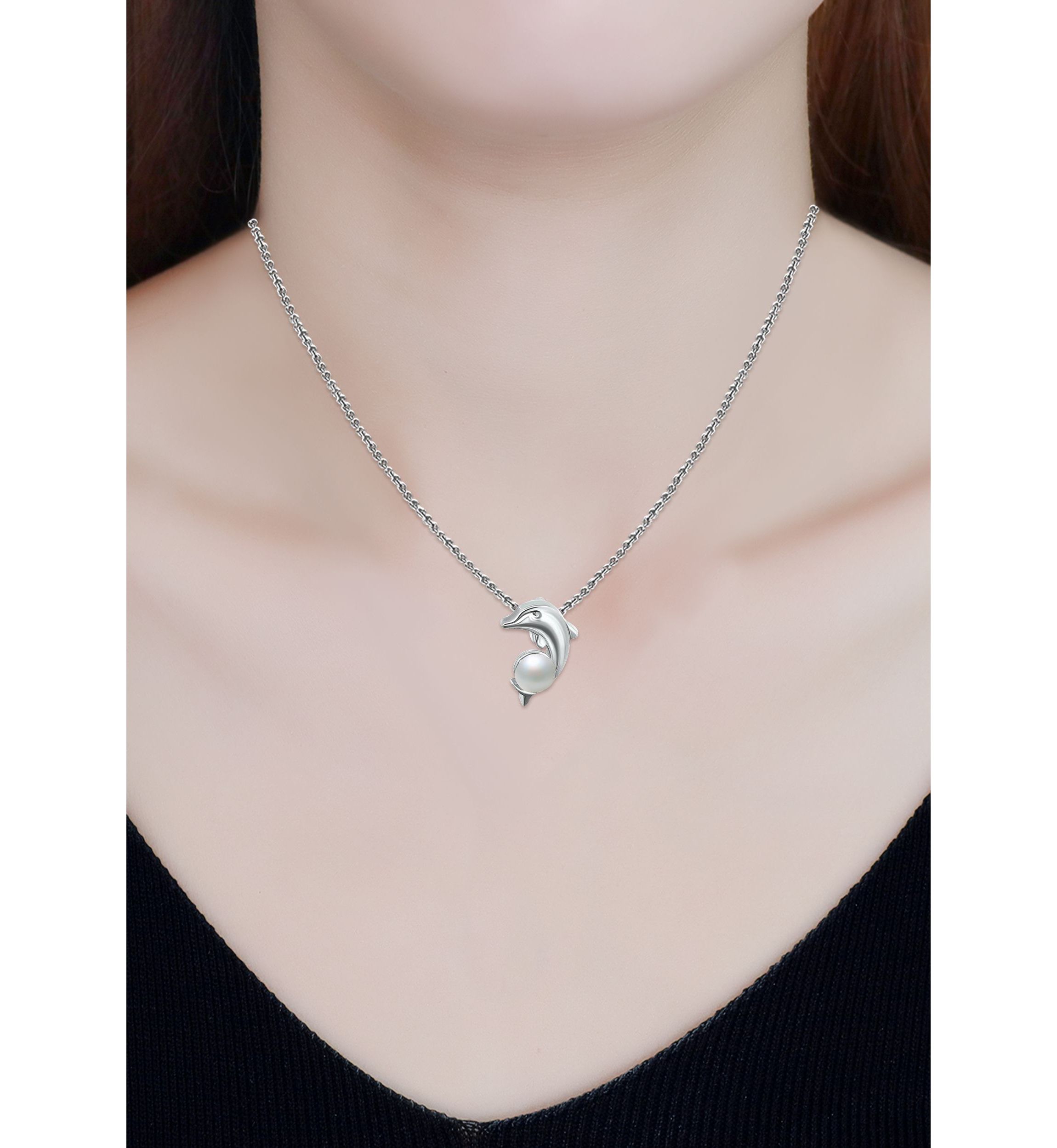 6mm Freshwater Pearl Dolphin Necklace, 16" with 2" Extender, Sterling Silver