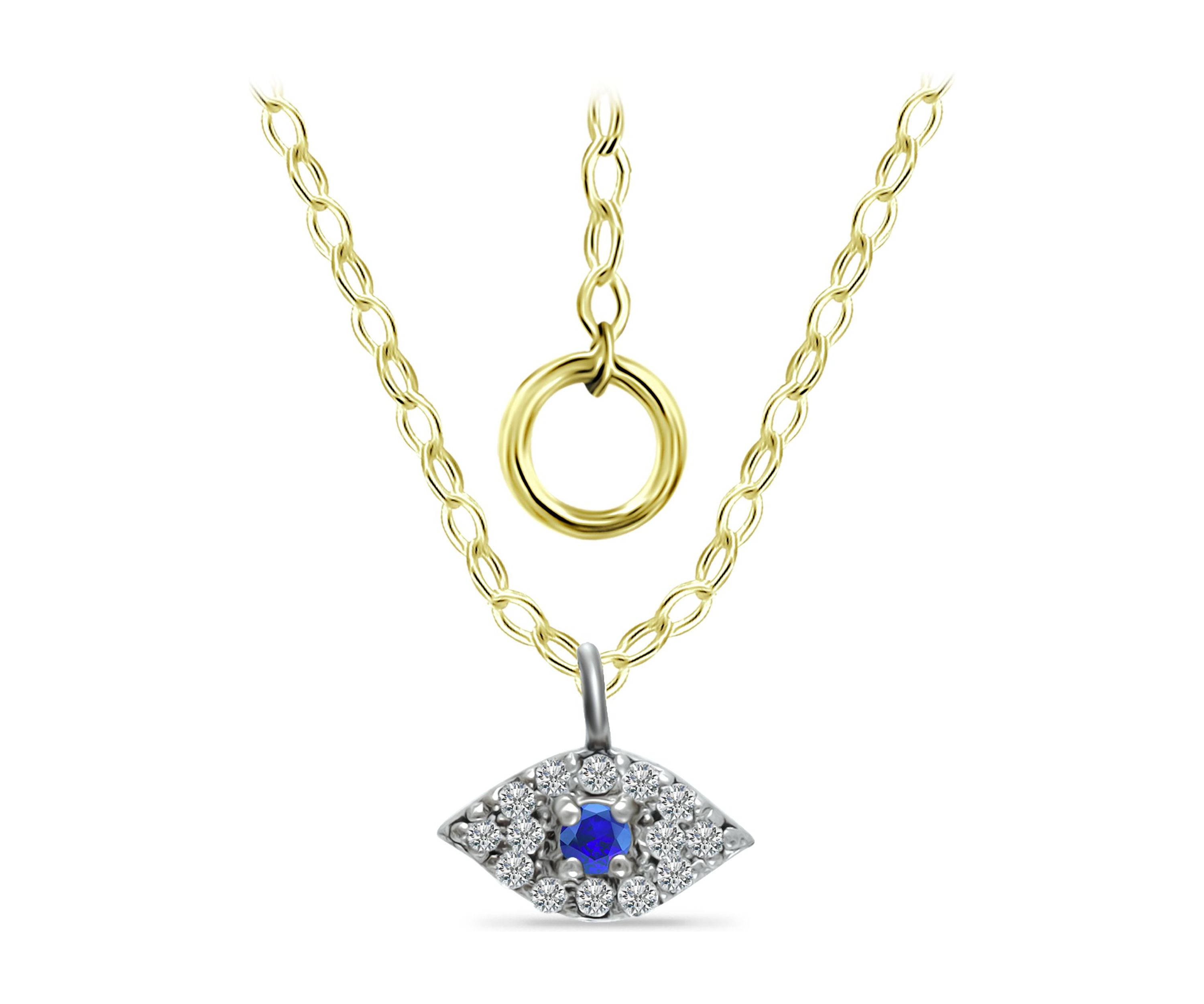 Lab Created 1/10 ct. t.w. Diamond and Synthetic Sapphire Evil Eye Pendant on 15-1/2 inch  Chain with 2" Extender, 18K Gold over Silver