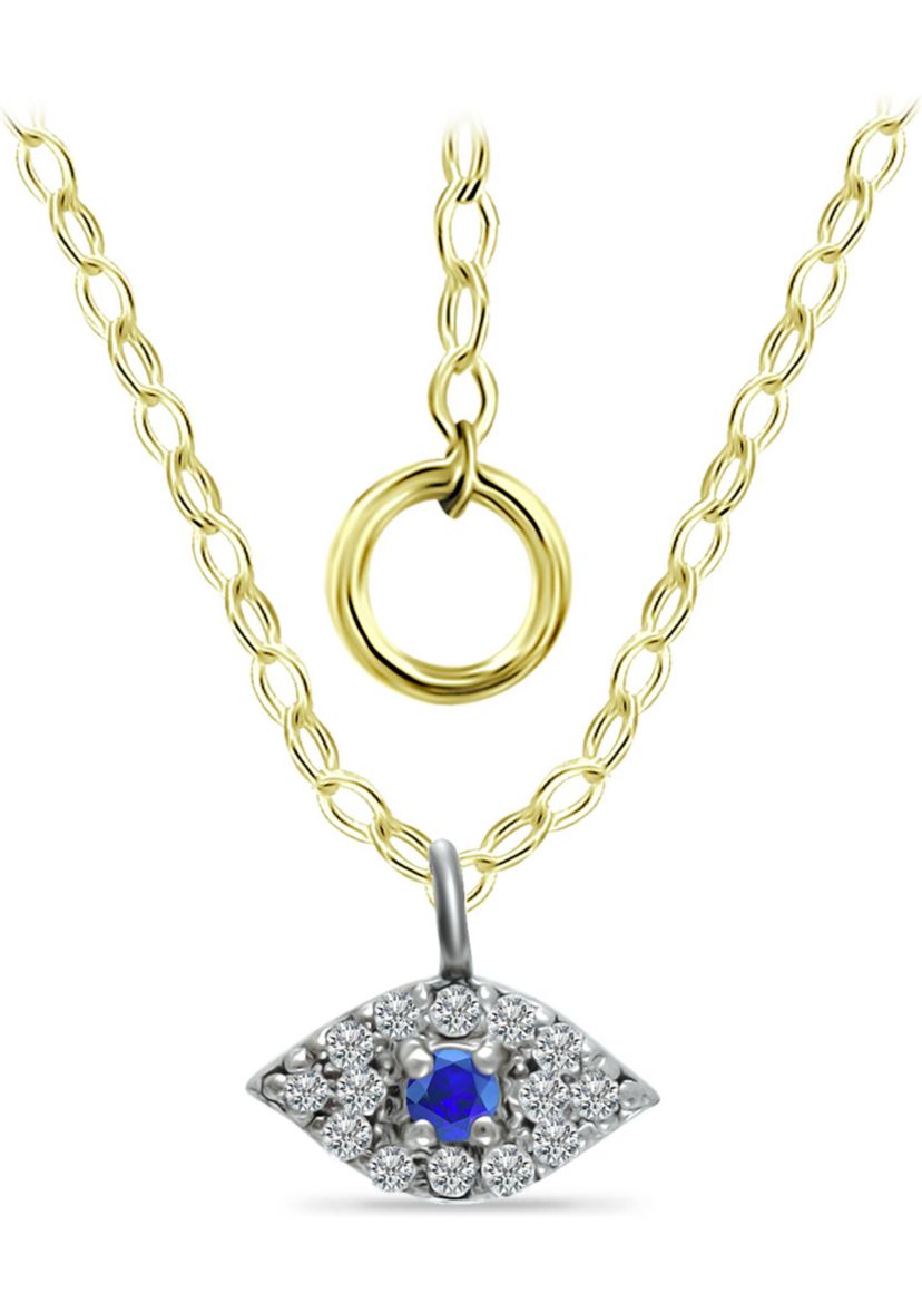 Lab Created 1/10 ct. t.w. Diamond and Synthetic Sapphire Evil Eye Pendant on 15-1/2 inch  Chain with 2" Extender, 18K Gold over Silver