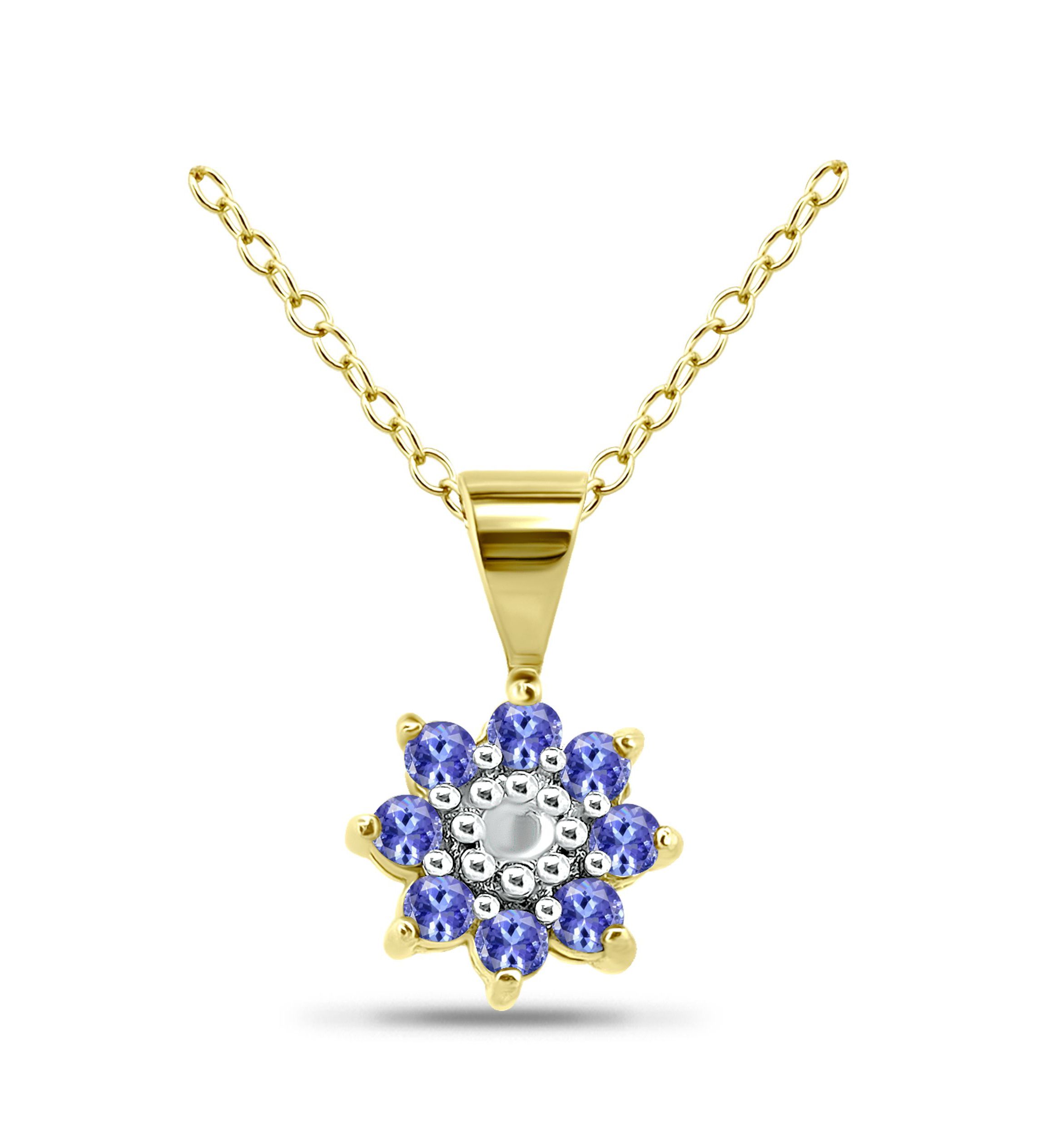 1/4 Cttw 2mm Round Tanzanite & Diamond Accent Floral Pendant, 18Kt Gold over Sterling Silver, DS