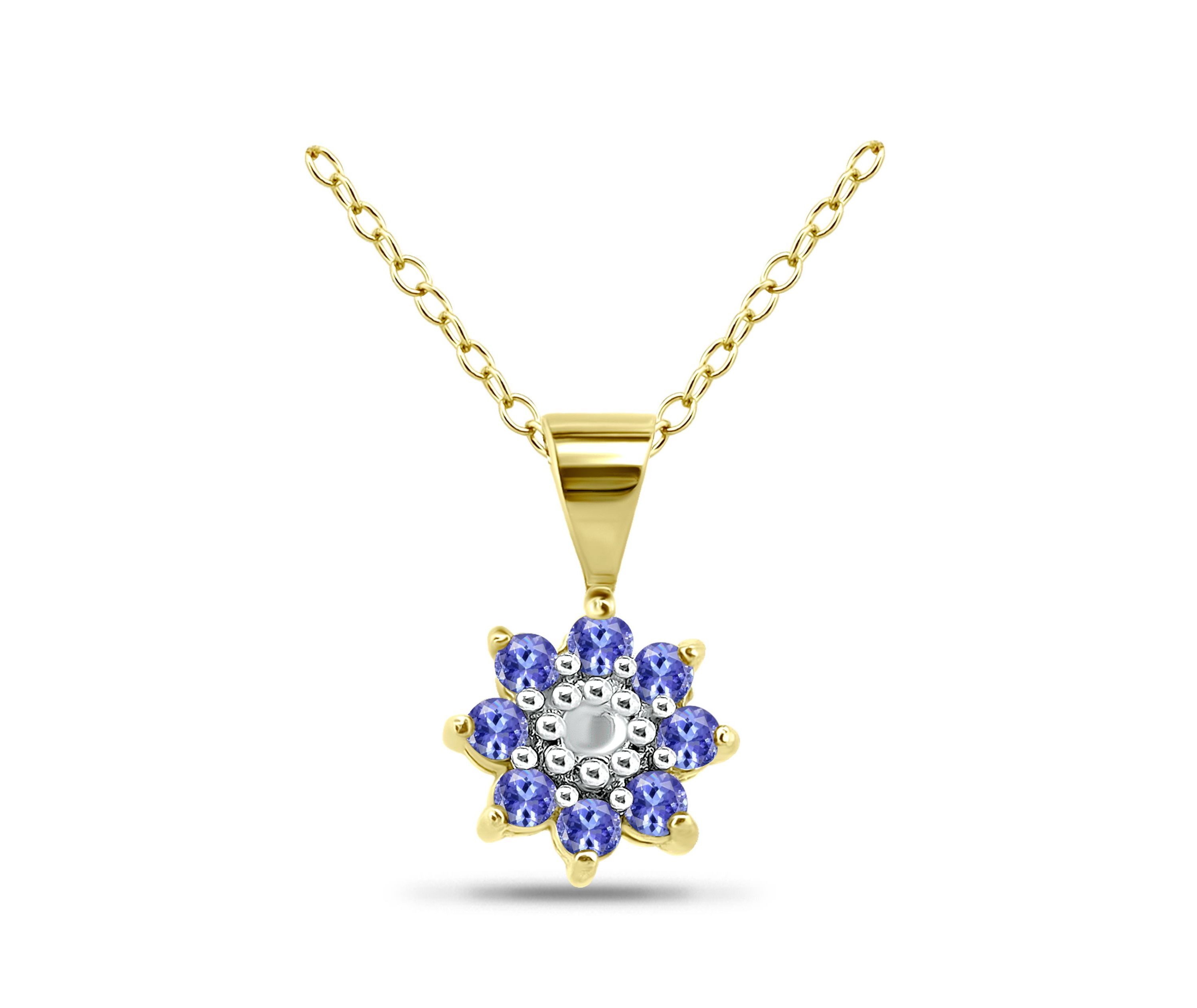 1/4 Cttw 2mm Round Tanzanite & Diamond Accent Floral Pendant, 18Kt Gold over Sterling Silver, DS