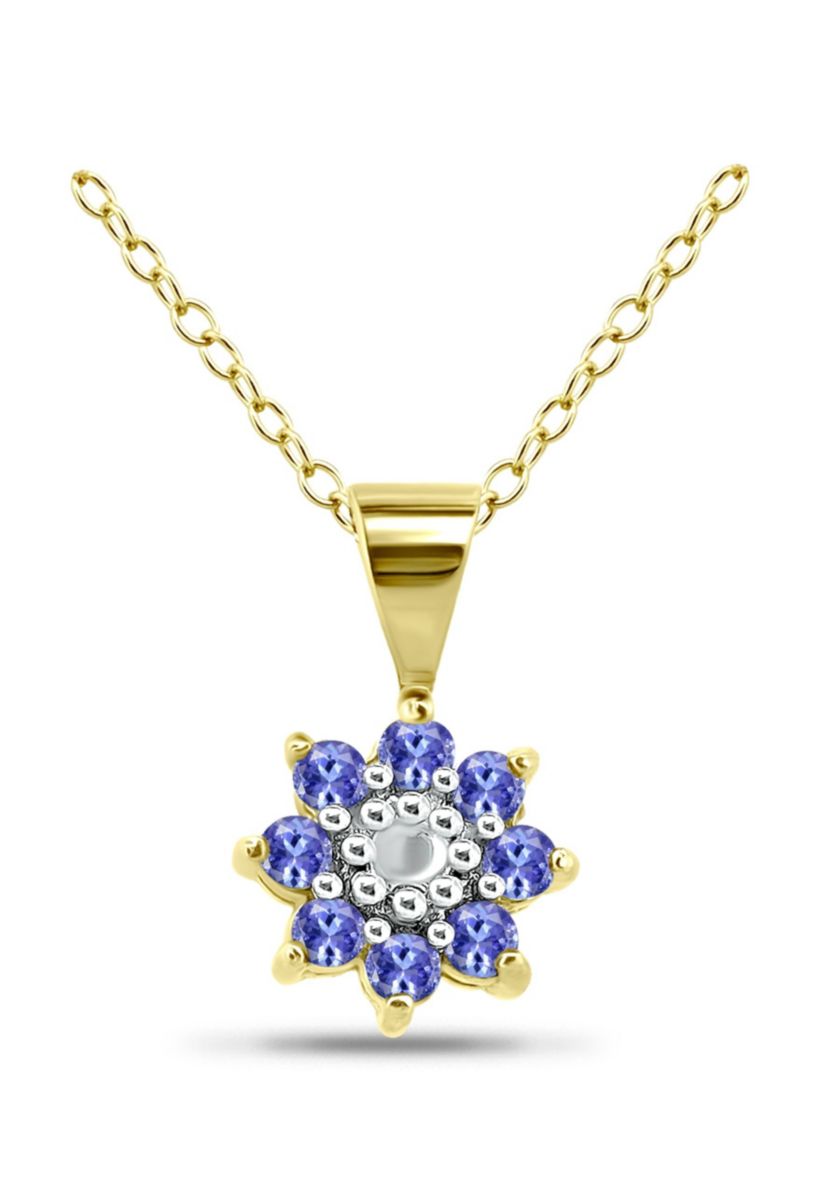 1/4 Cttw 2mm Round Tanzanite & Diamond Accent Floral Pendant, 18Kt Gold over Sterling Silver, DS