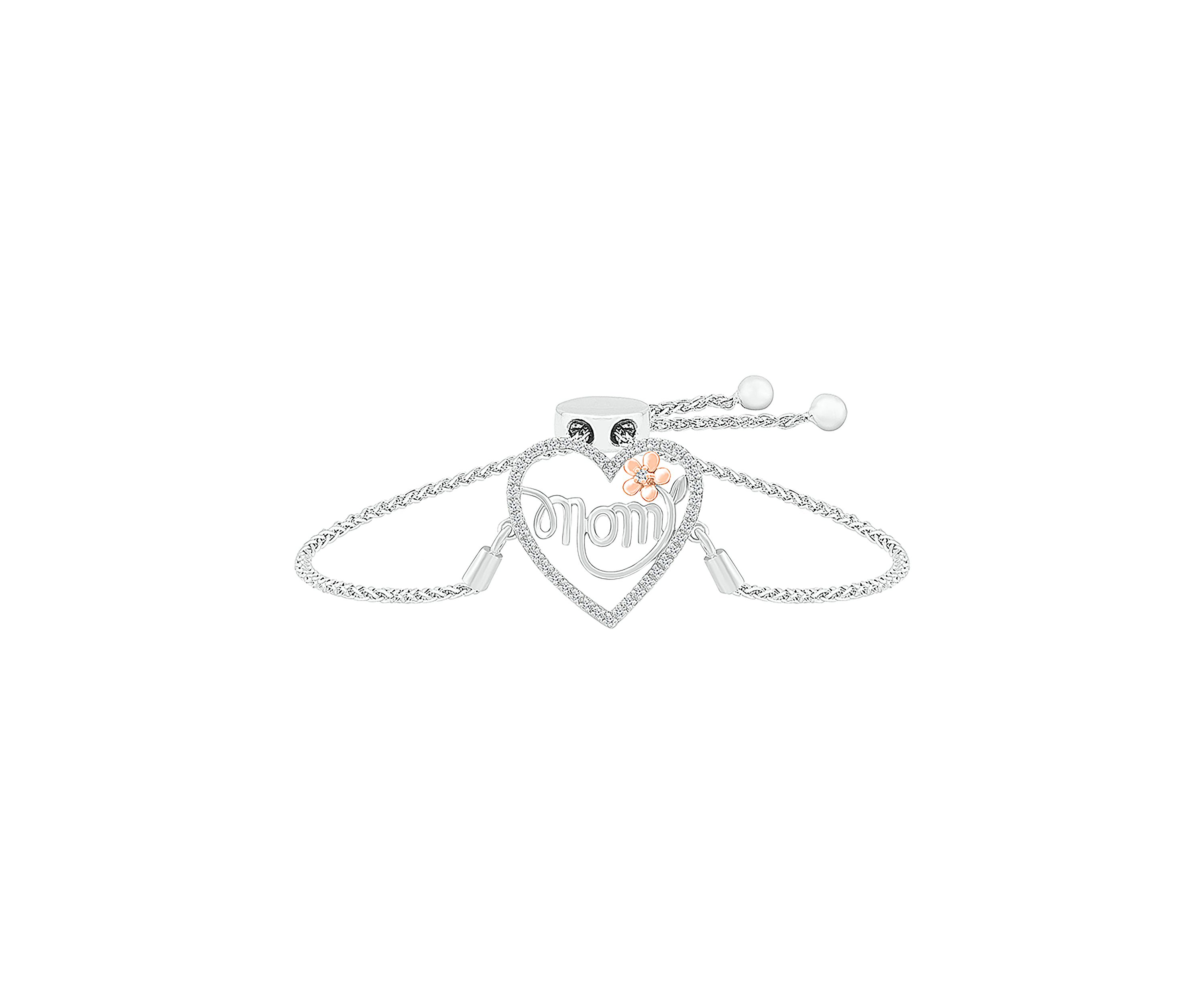 1/8 ct. t.w. Diamond Mom Heart Bolo Bracelet in Sterling Silver & 10K Rose Gold