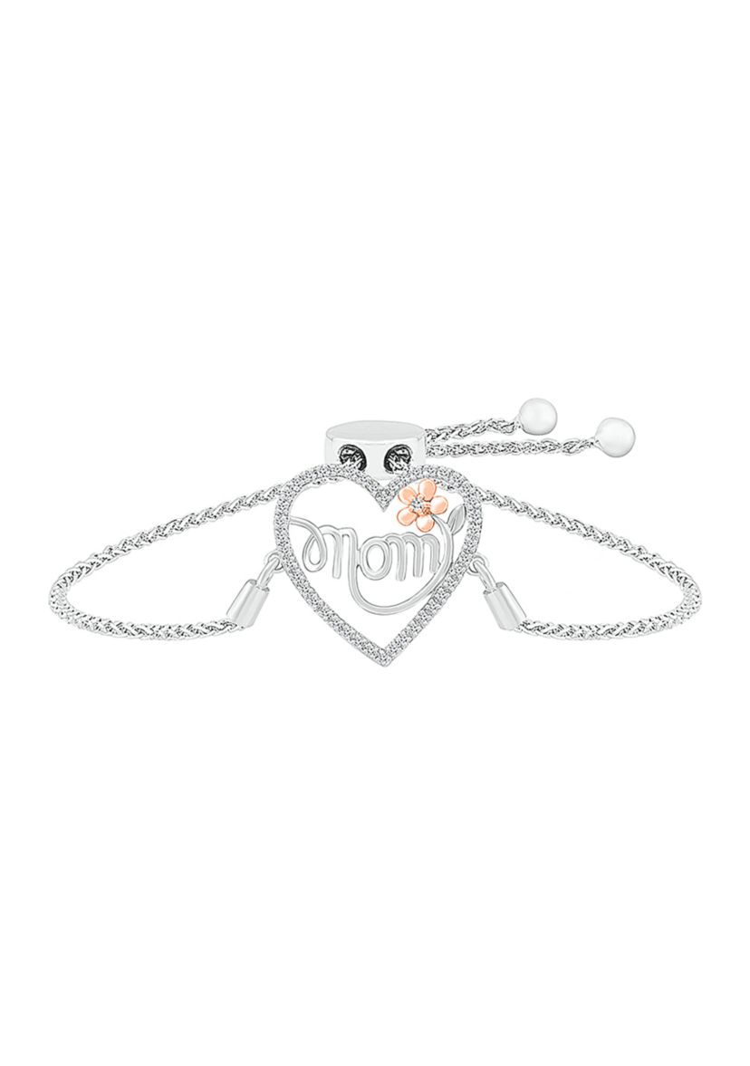 1/8 ct. t.w. Diamond Mom Heart Bolo Bracelet in Sterling Silver & 10K Rose Gold