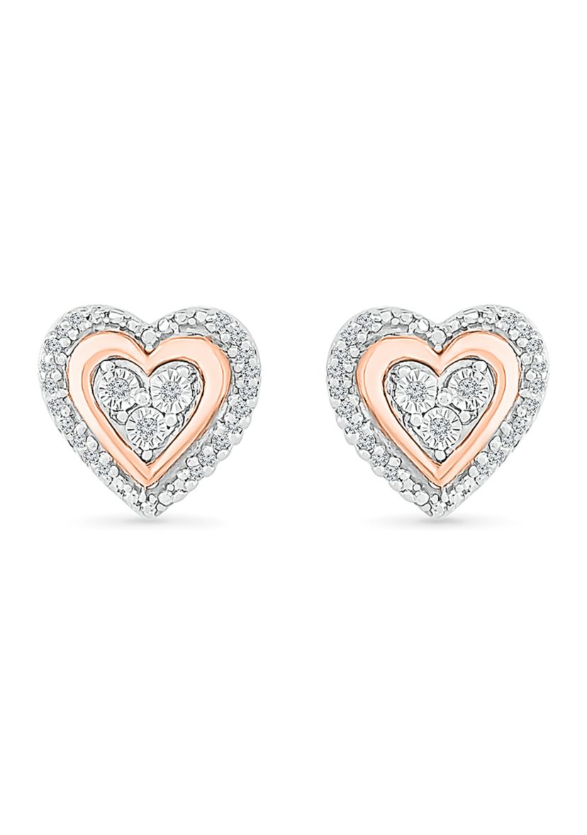 Diamond Accent 10k Rose Gold and Sterling Silver Heart Earrings