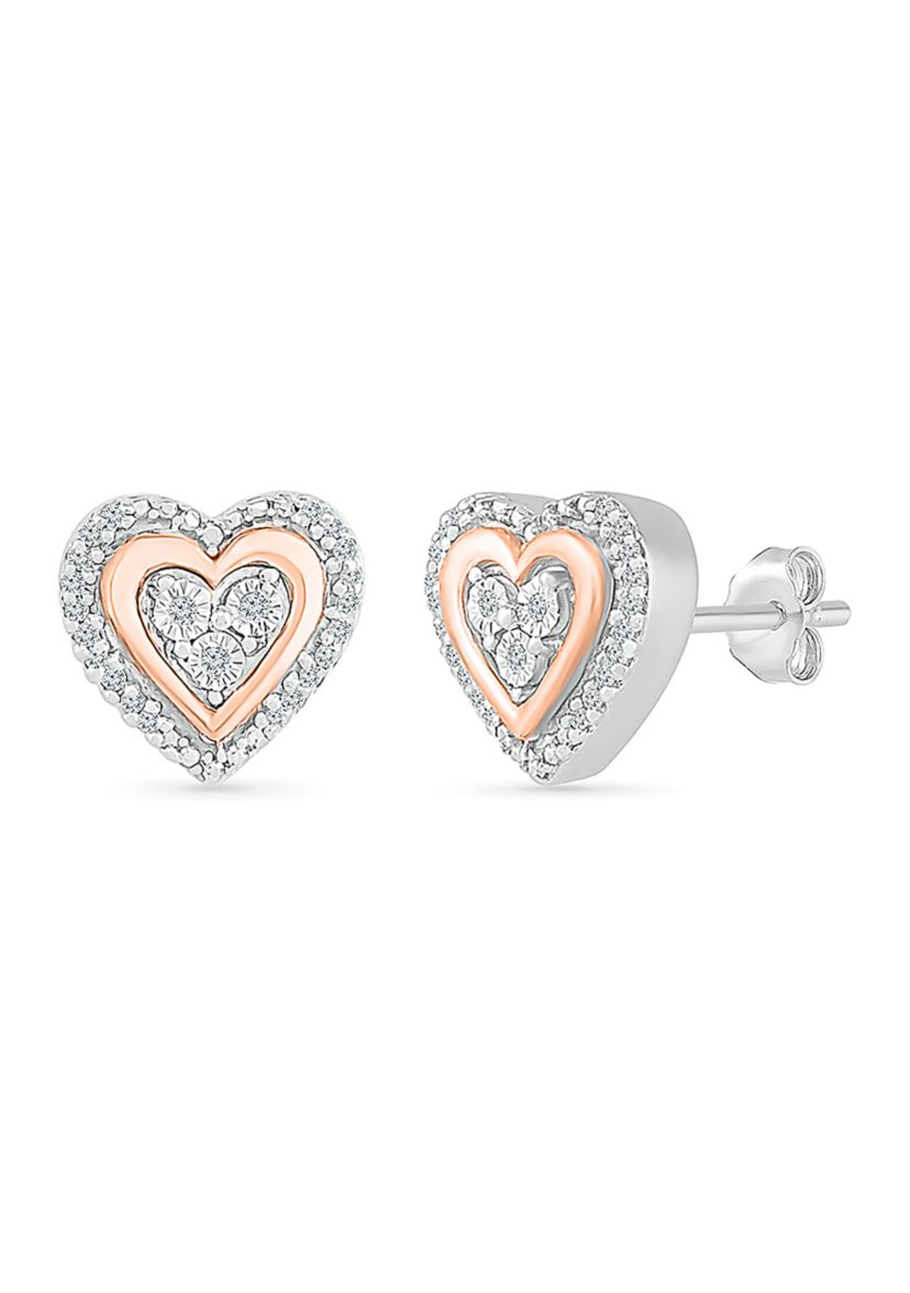 Diamond Accent 10k Rose Gold and Sterling Silver Heart Earrings