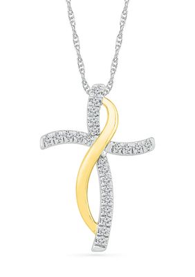Belk & Co 1/8 ct. t.w. 10k Yellow Gold and Sterling Silver Cross Pendant Necklace