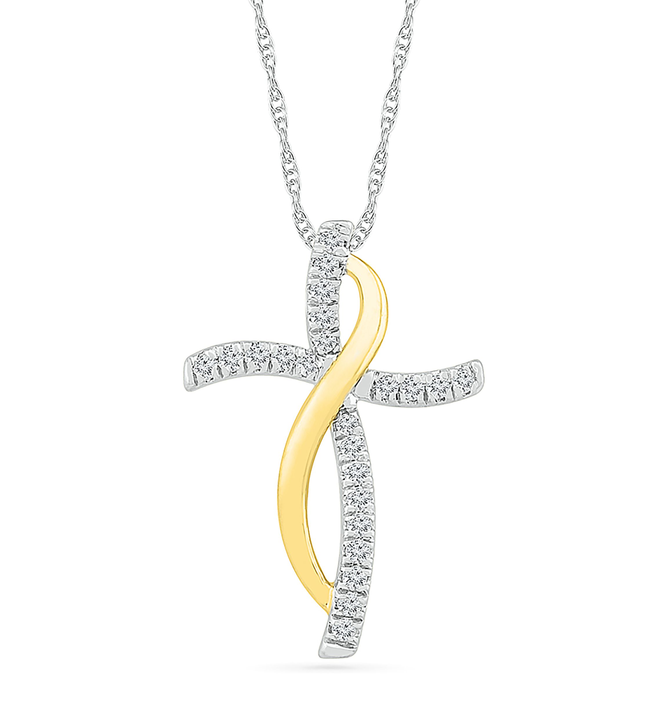 1/8 ct. t.w. 10k Yellow Gold and Sterling Silver Cross Pendant Necklace
