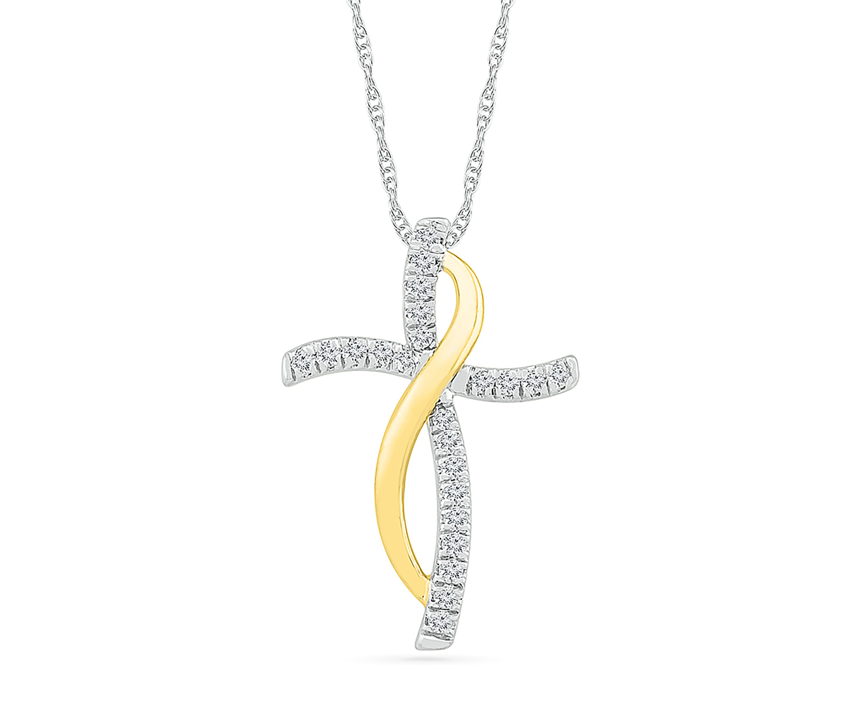 1/8 ct. t.w. 10k Yellow Gold and Sterling Silver Cross Pendant Necklace
