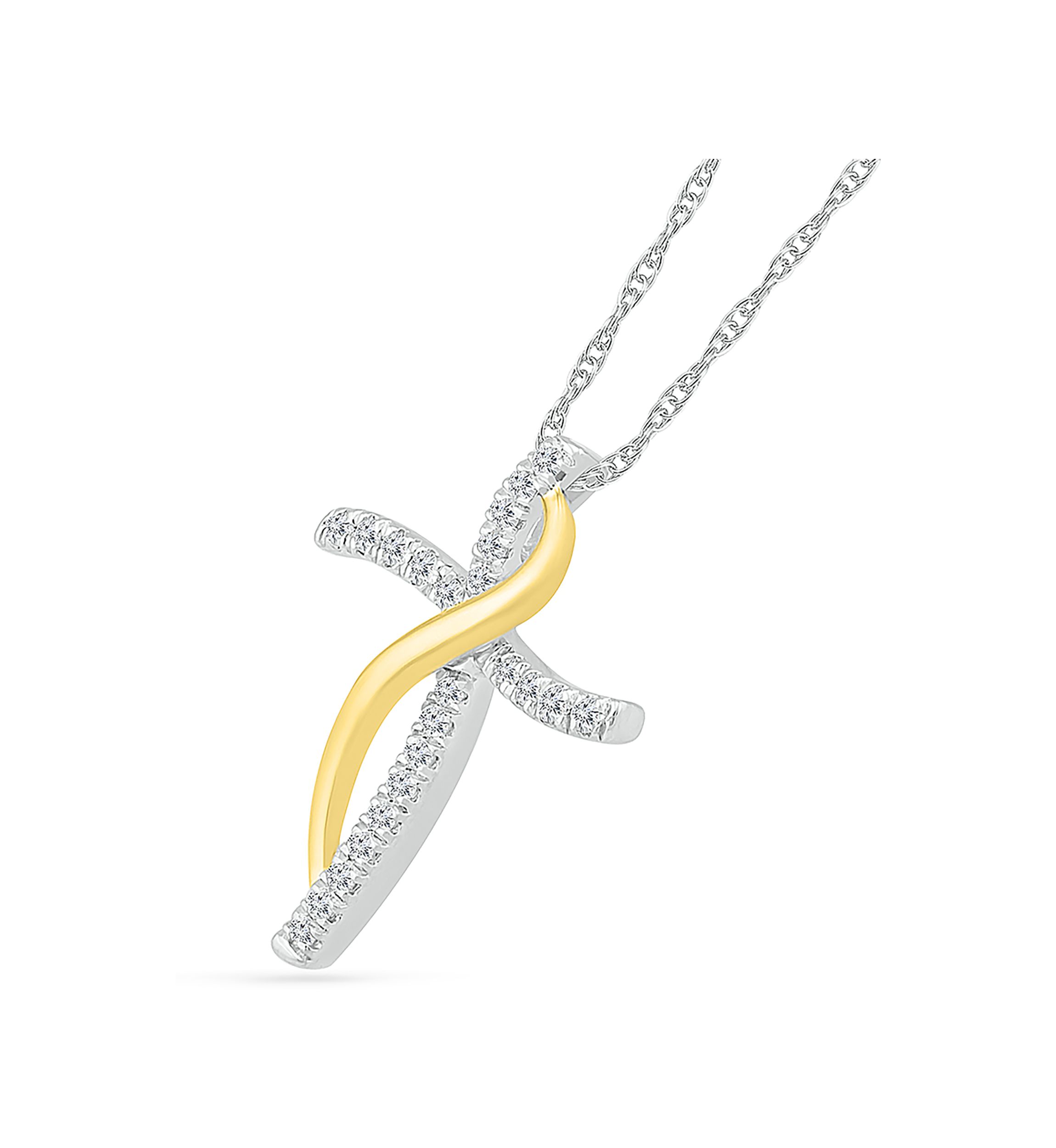 1/8 ct. t.w. 10k Yellow Gold and Sterling Silver Cross Pendant Necklace