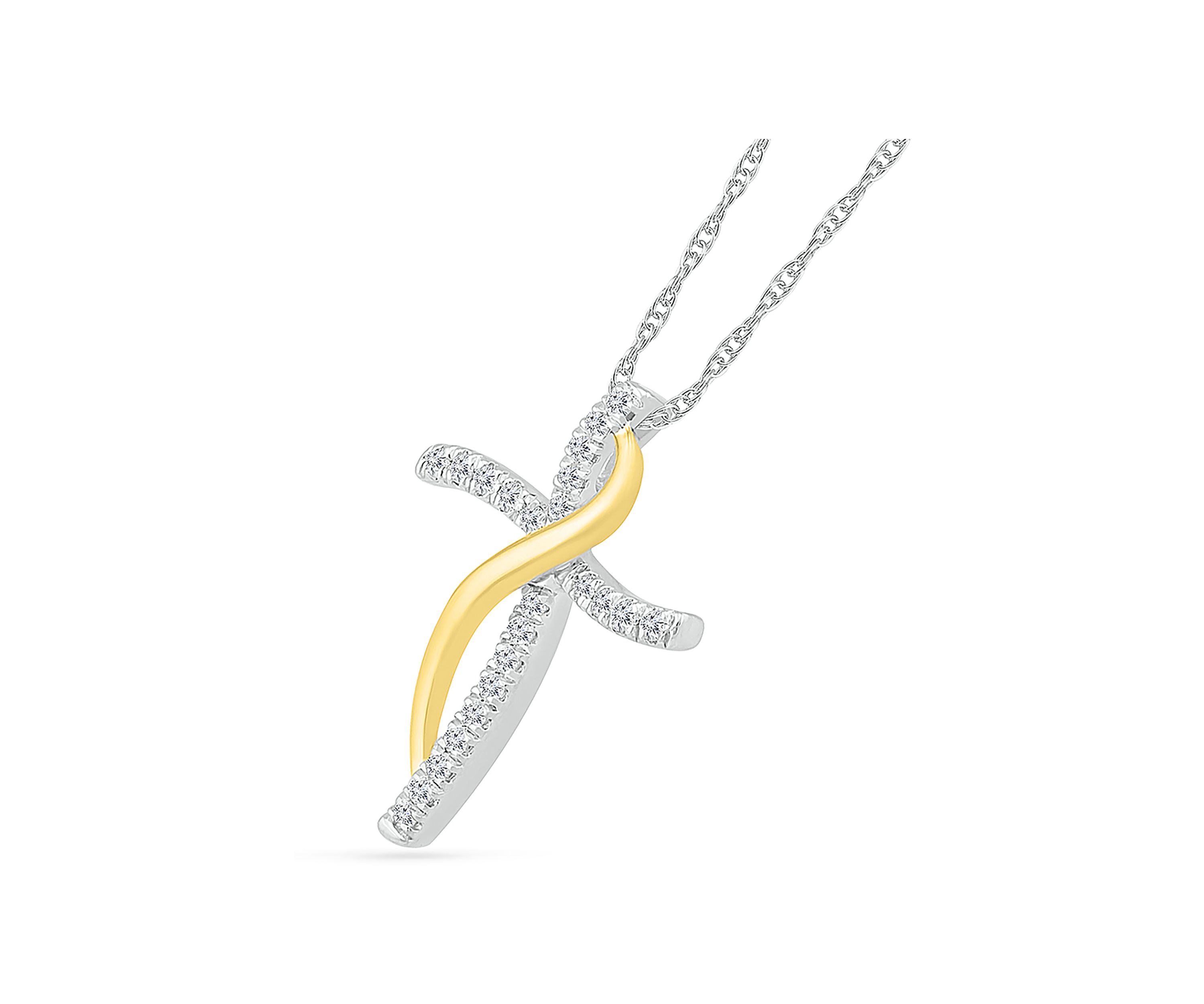 1/8 ct. t.w. 10k Yellow Gold and Sterling Silver Cross Pendant Necklace