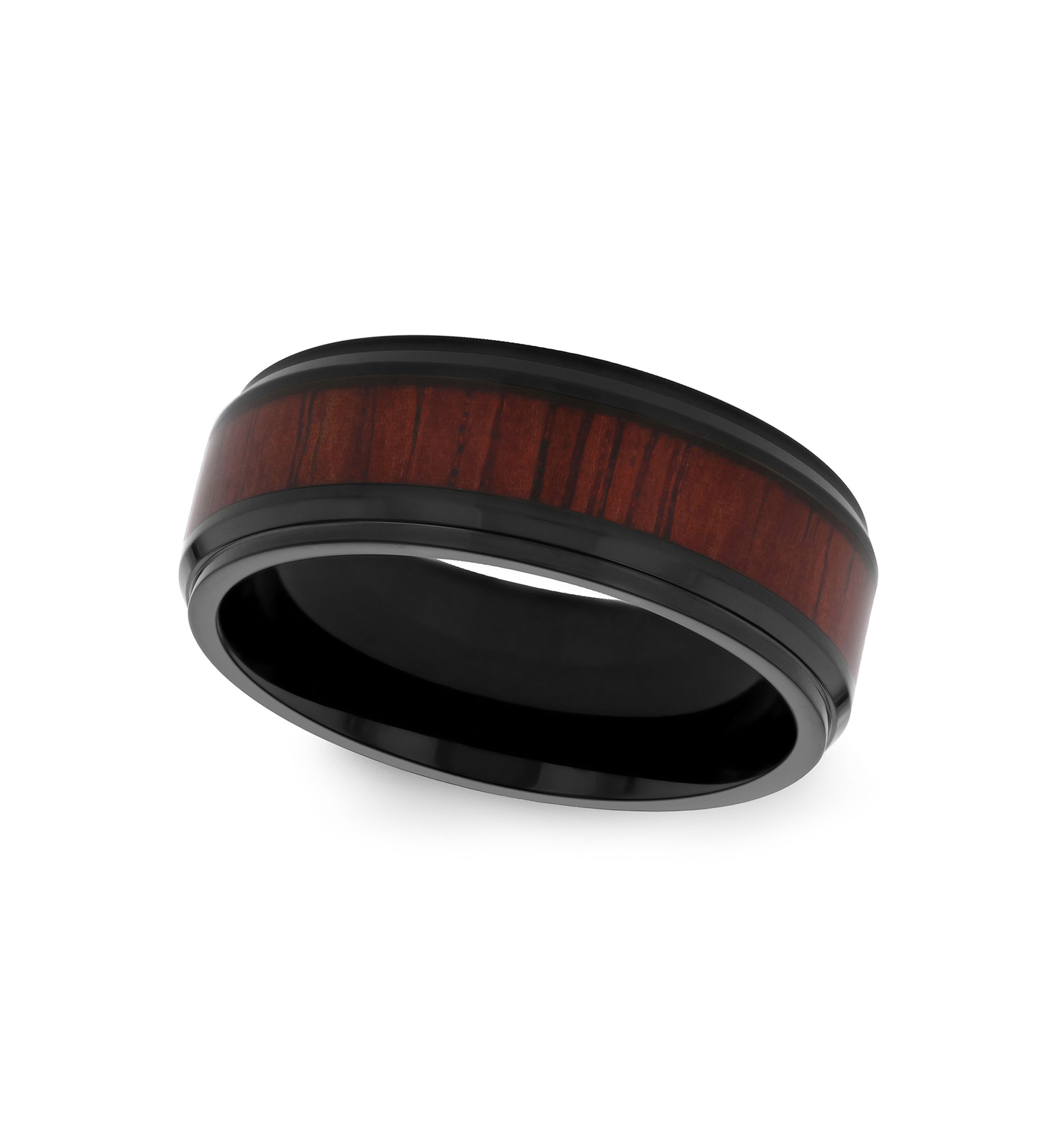 Woodgrain Inlay Beveled Band in Black Stainless Steel