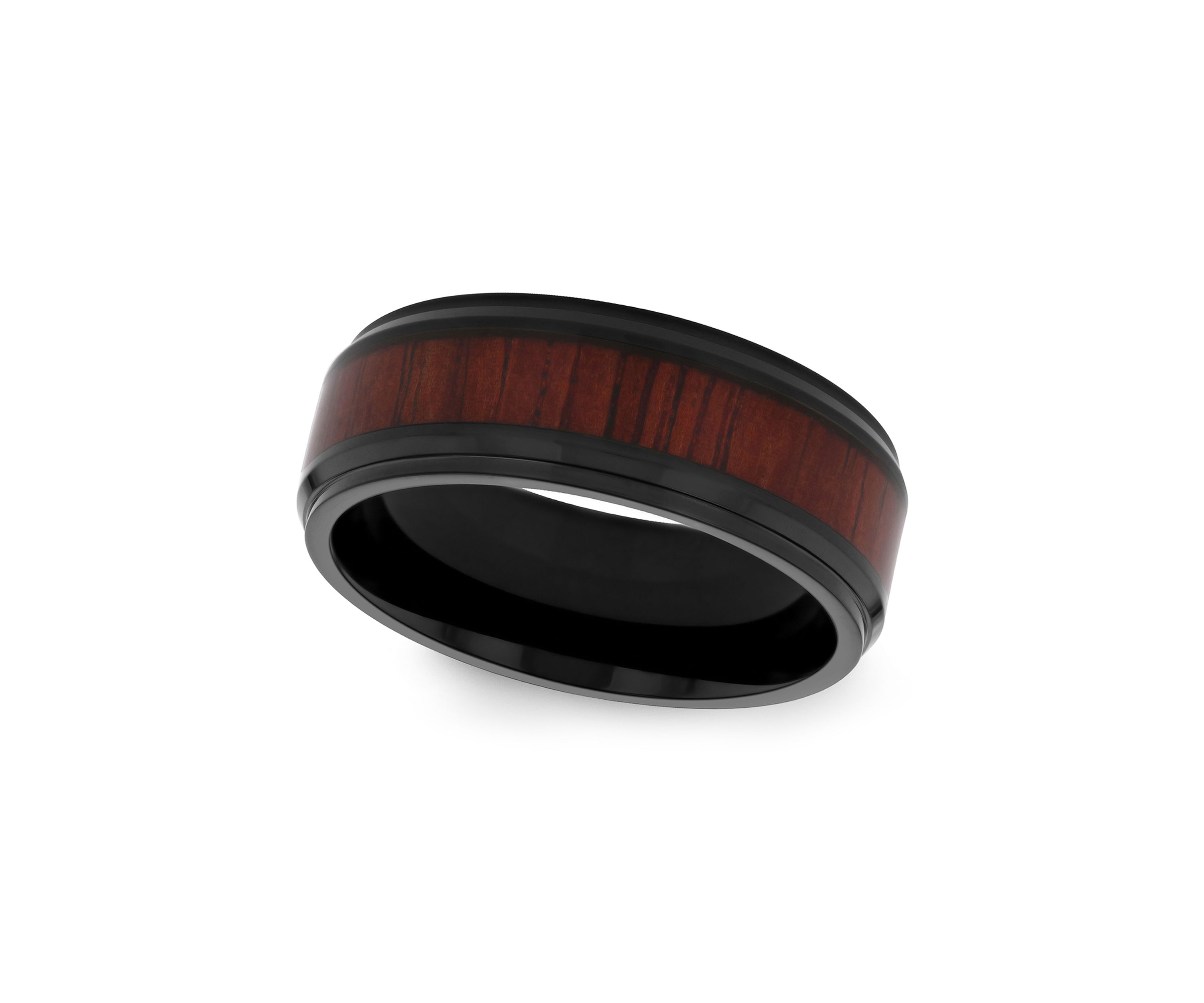 Woodgrain Inlay Beveled Band in Black Stainless Steel