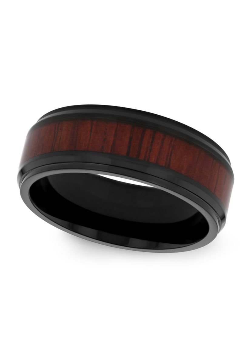 Woodgrain Inlay Beveled Band in Black Stainless Steel
