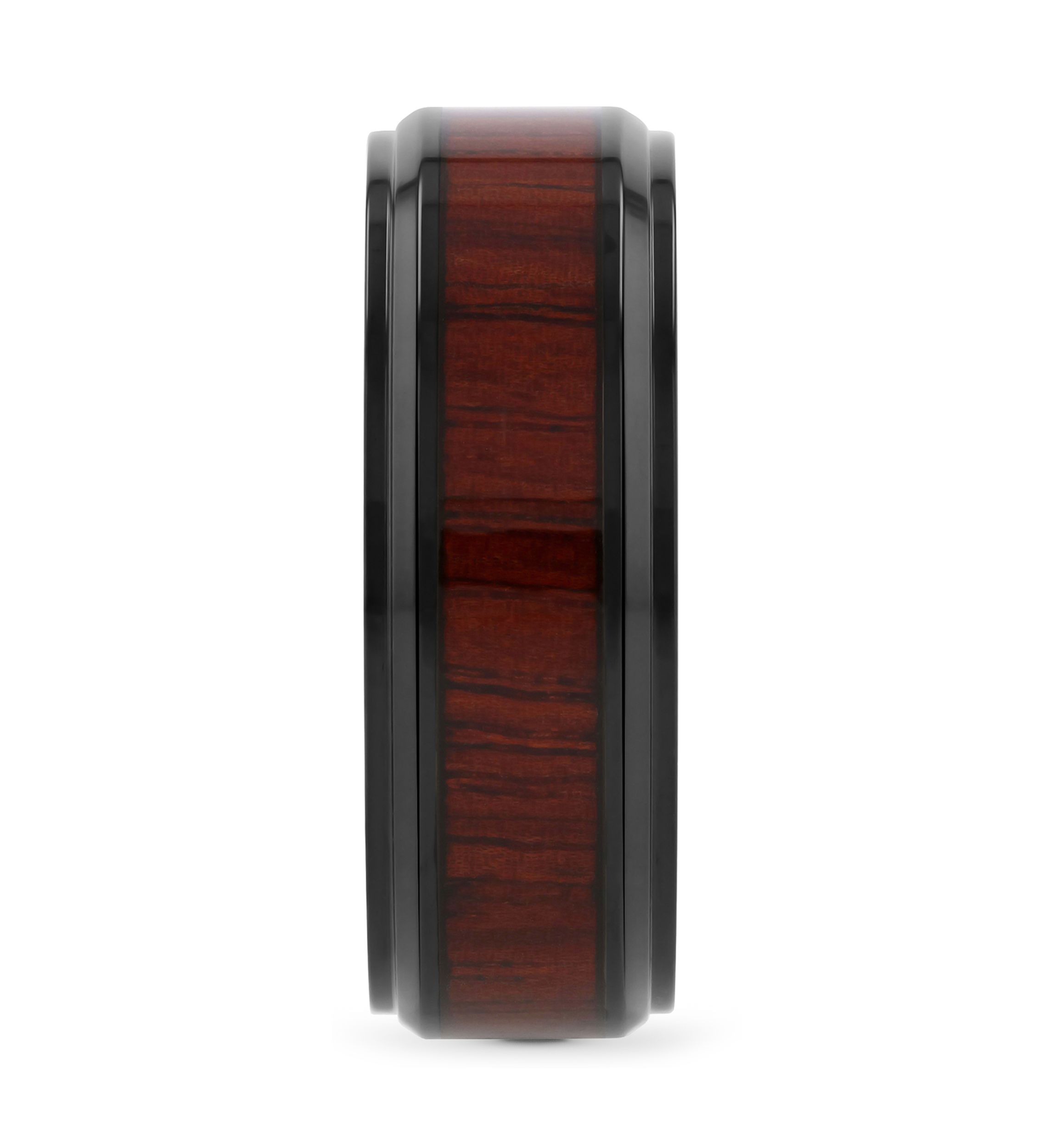 Woodgrain Inlay Beveled Band in Black Stainless Steel