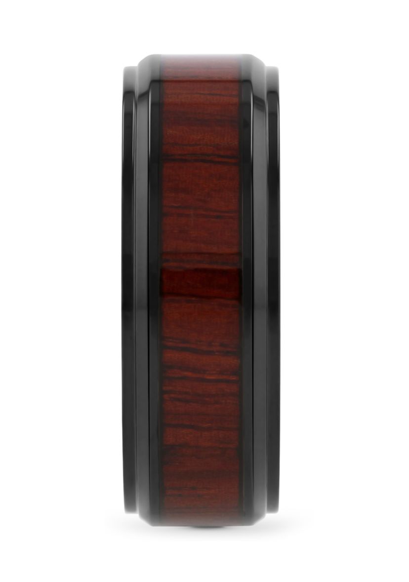 Woodgrain Inlay Beveled Band in Black Stainless Steel