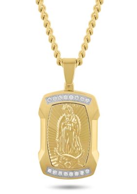 Belk & Co Lab Created 1/5CTW Lab Grown Diamond Men's Stainless Steel White and Yellow Two Tone Finish Our Lady of Guadalupe Pendant, Gold, 24 in