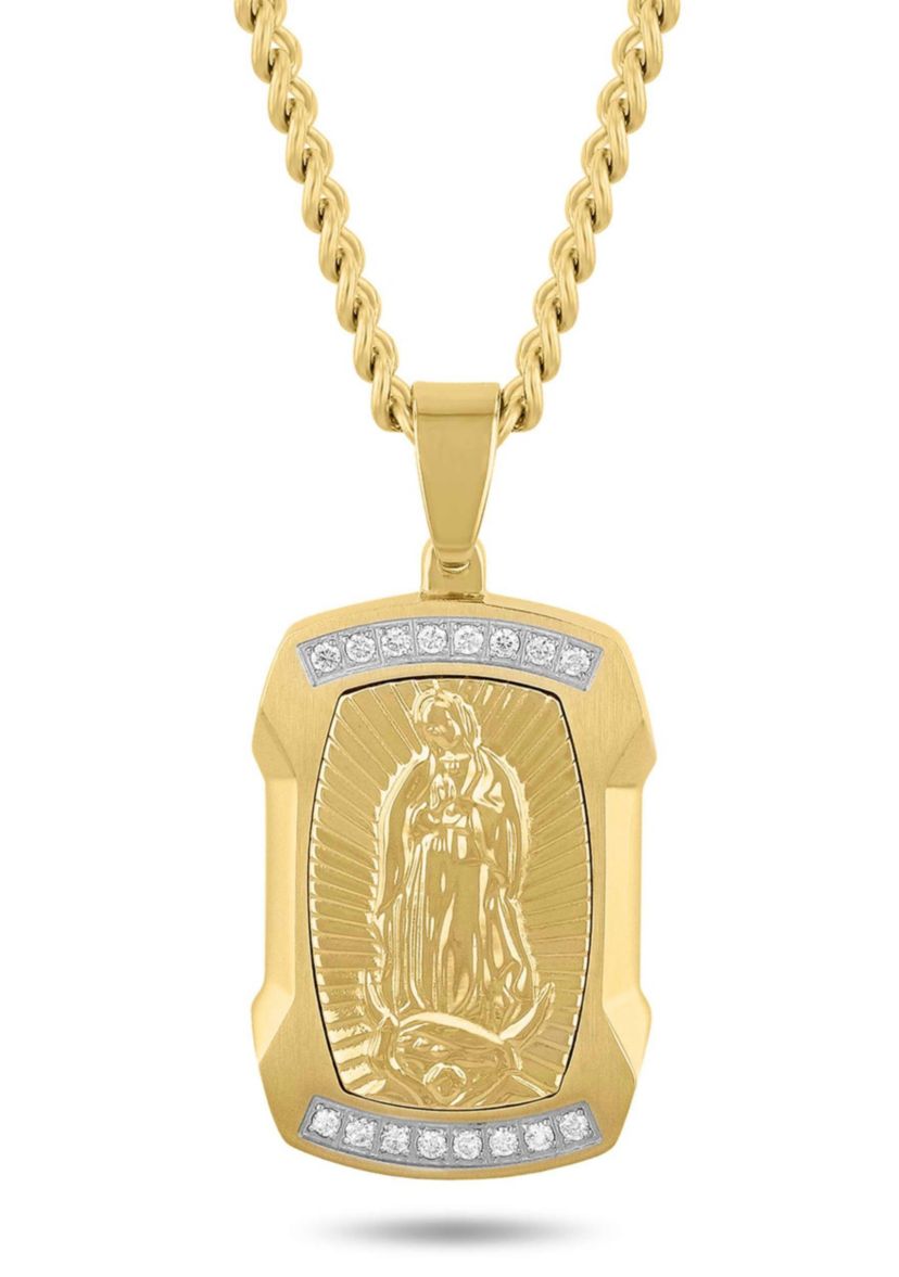 Lab Created 1/5CTW Lab Grown Diamond Mens Stainless Steel White and Yellow Two Tone Finish Our Lady of Guadalupe Pendant