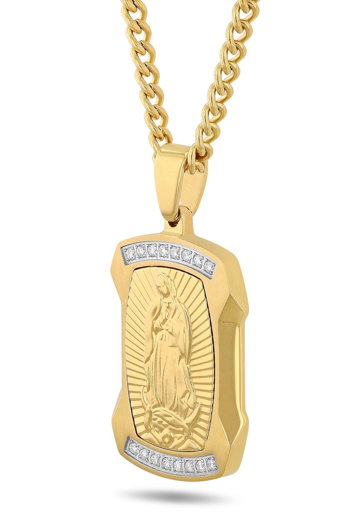 Lab Created 1/5CTW Lab Grown Diamond Mens Stainless Steel White and Yellow Two Tone Finish Our Lady of Guadalupe Pendant